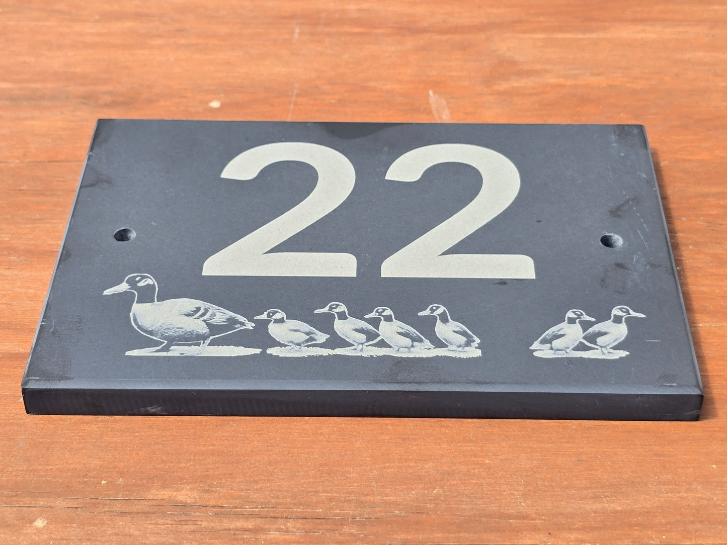 House number slate sign with duck and ducklings - Plaque with fittings