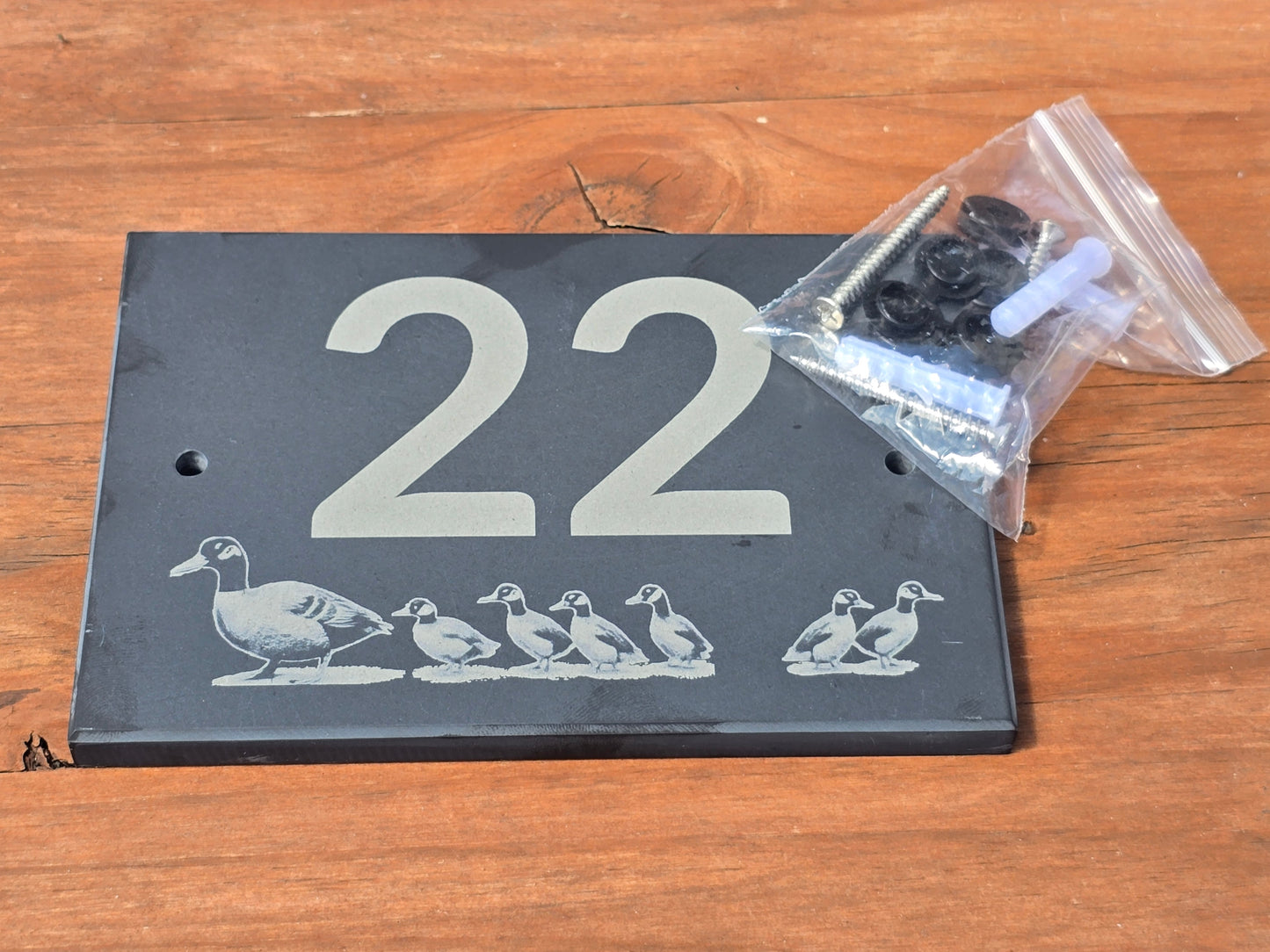 House number slate sign with duck and ducklings - Plaque with fittings