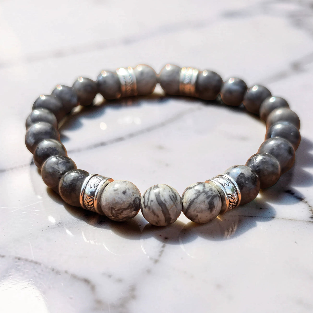 Men's Charcoal Grey and Marble effect Beaded Bracelet 7 Inch