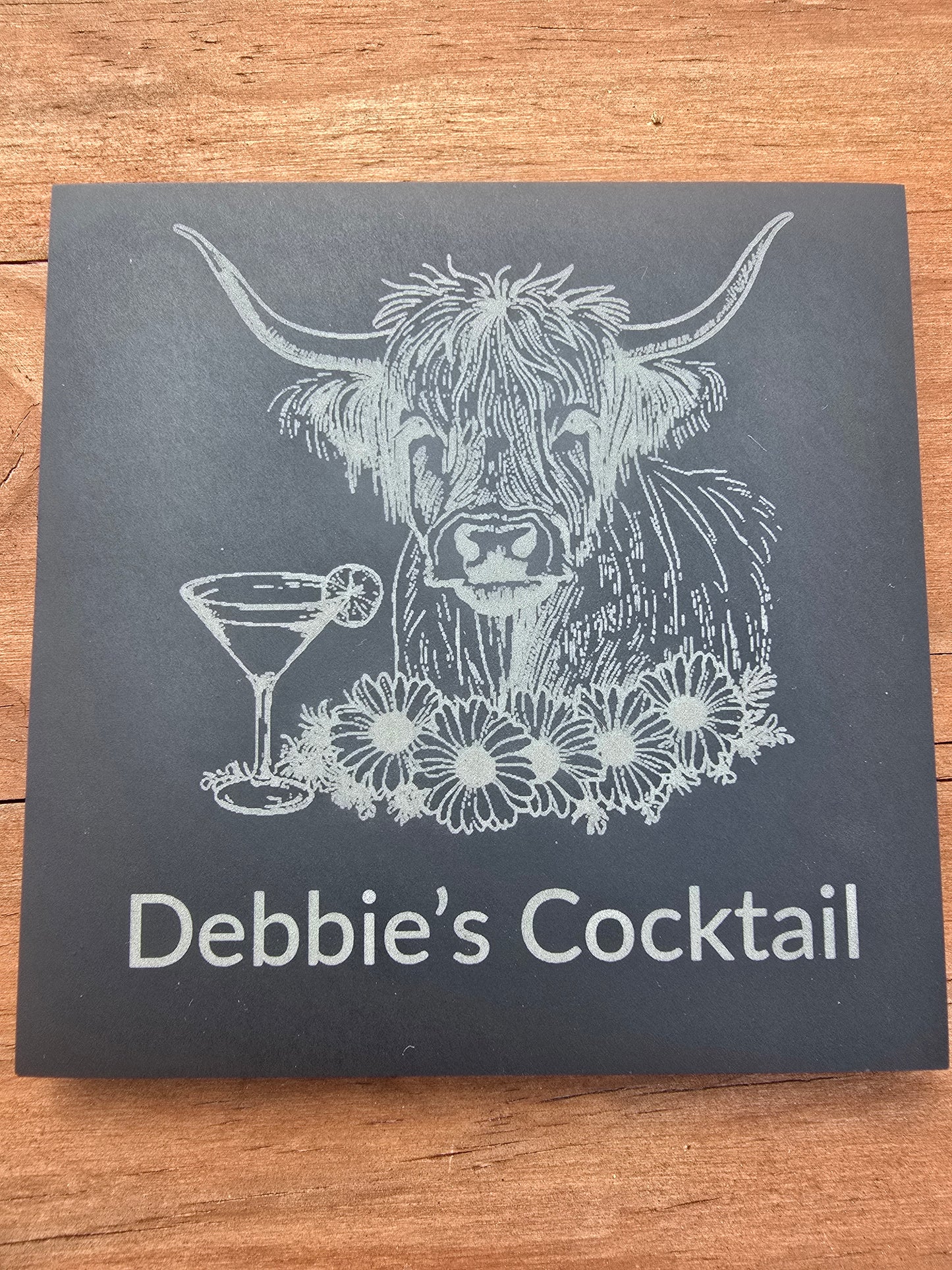 Personalised Highland Cow Slate Coaster - "Your Name's Cocktail" Text