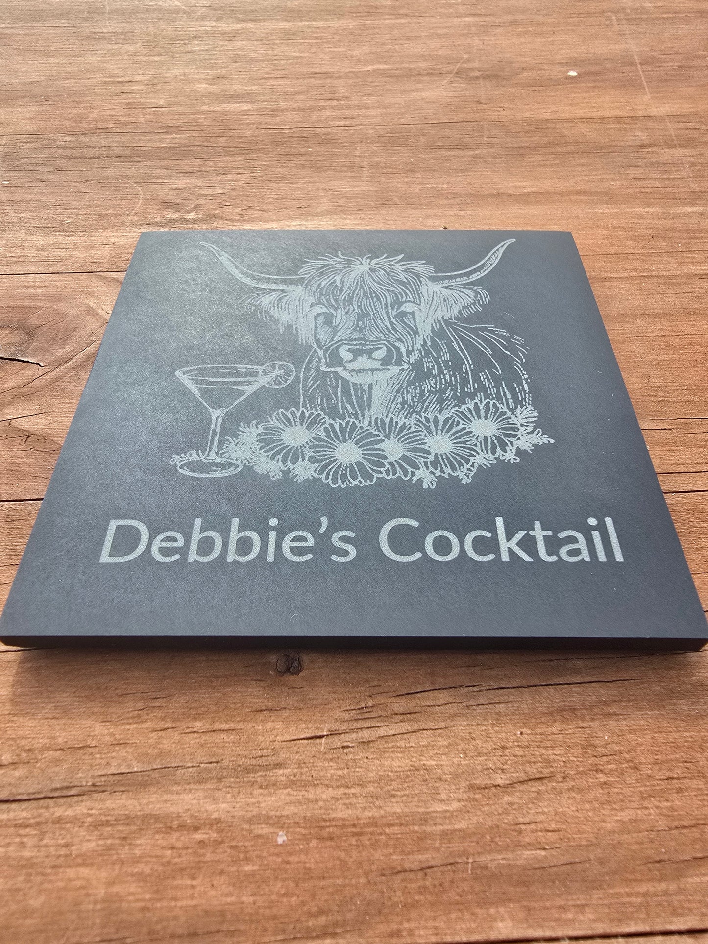 Personalised Highland Cow Slate Coaster - "Your Name's Cocktail" Text