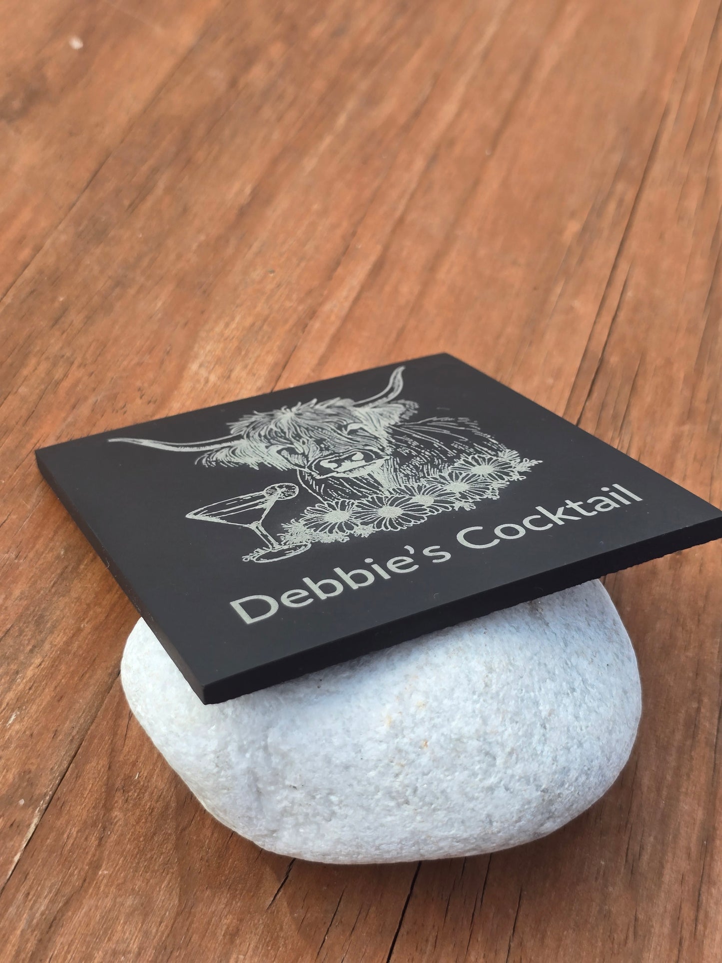 Personalised Highland Cow Slate Coaster - "Your Name's Cocktail" Text