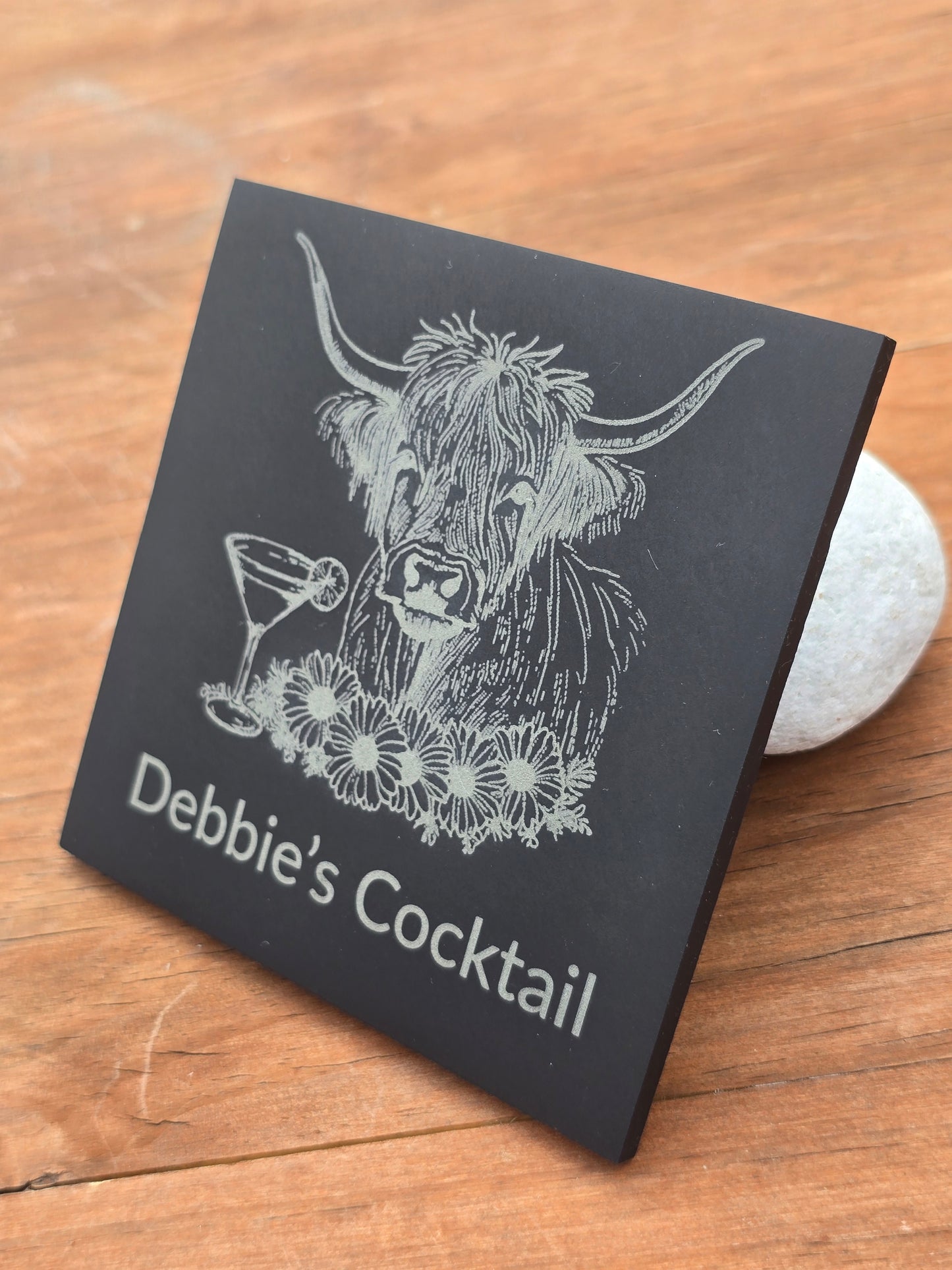 Personalised Highland Cow Slate Coaster - "Your Name's Cocktail" Text