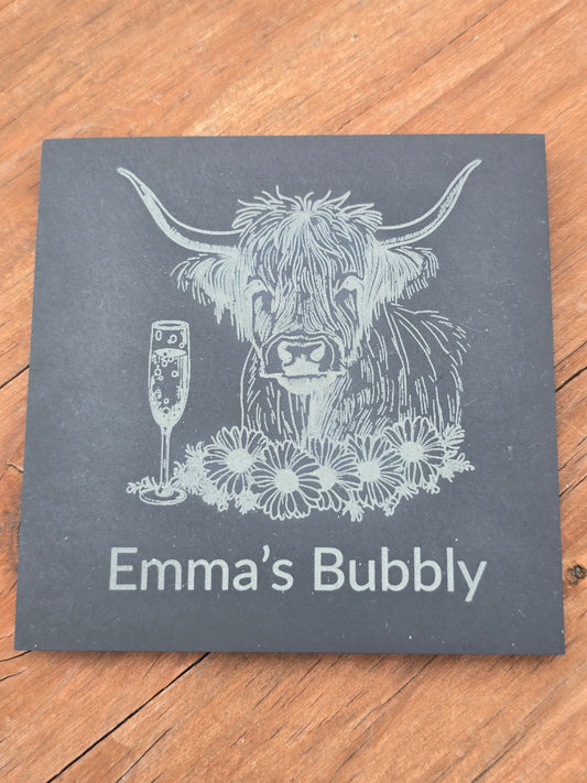 Personalised Highland Cow Slate Coaster - "Your Name's Bubbly" Text