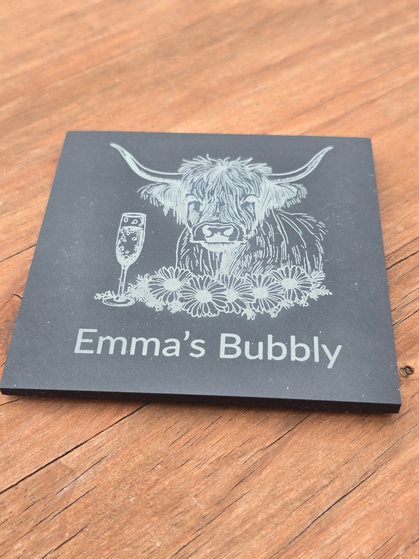 Personalised Highland Cow Slate Coaster - "Your Name's Bubbly" Text