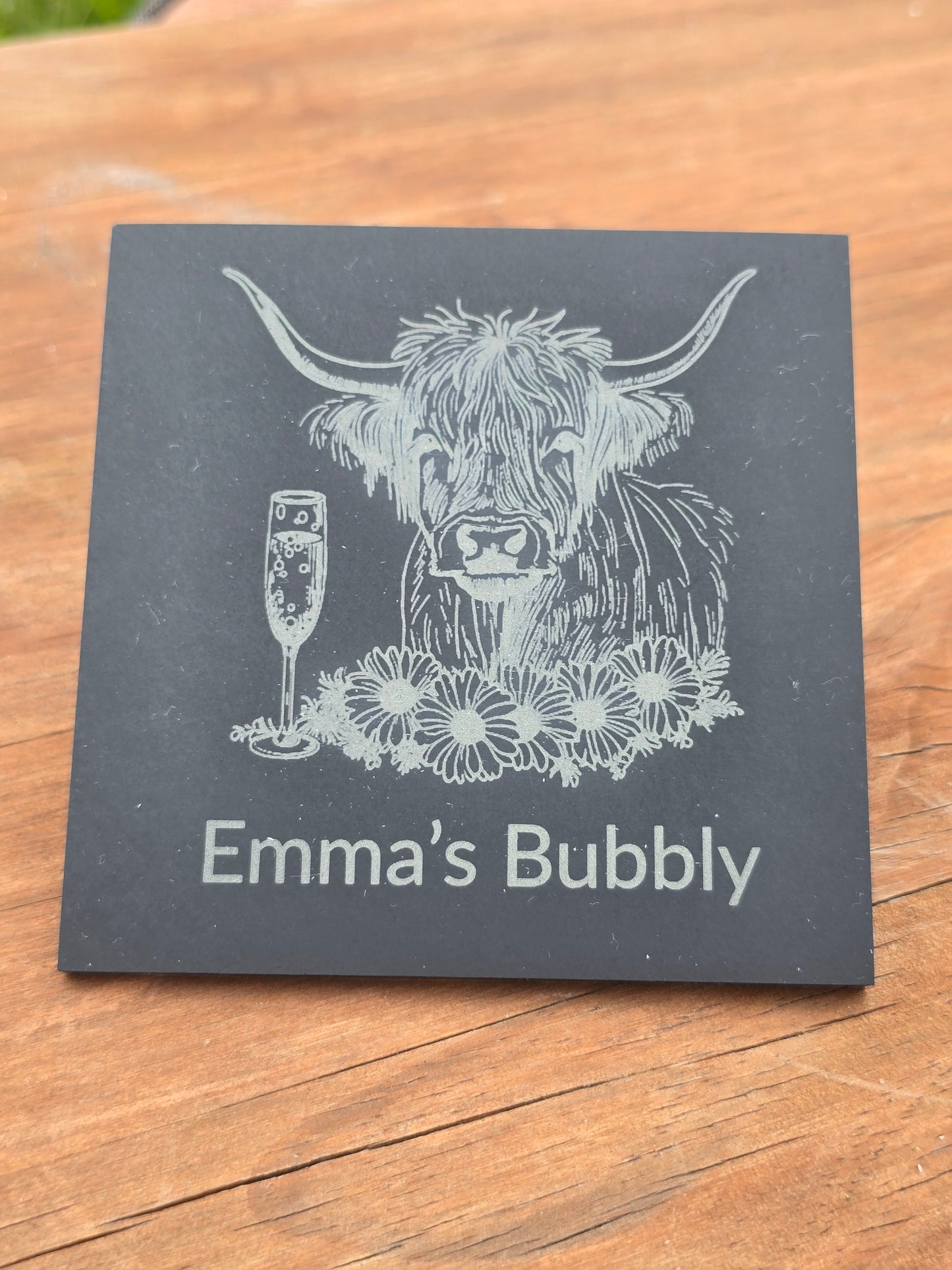 Personalised Highland Cow Slate Coaster - "Your Name's Bubbly" Text