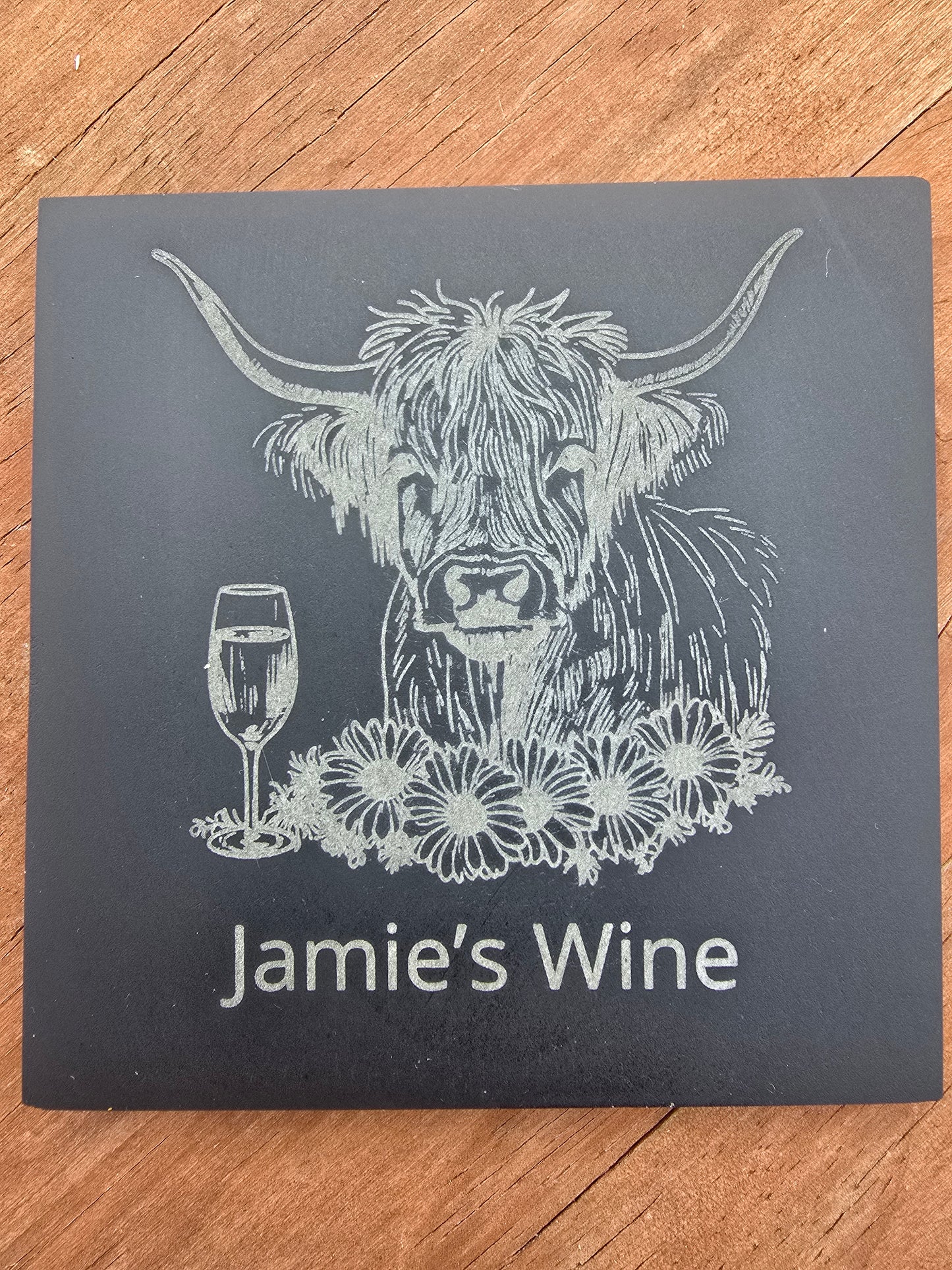 Personalised Highland Cow Slate Coaster - "Your Name's Wine" Text