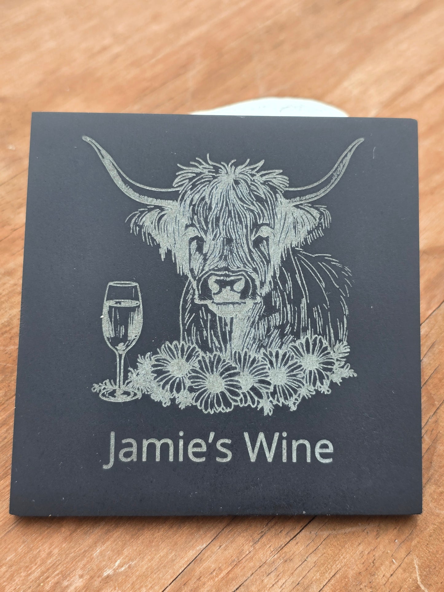 Personalised Highland Cow Slate Coaster - "Your Name's Wine" Text