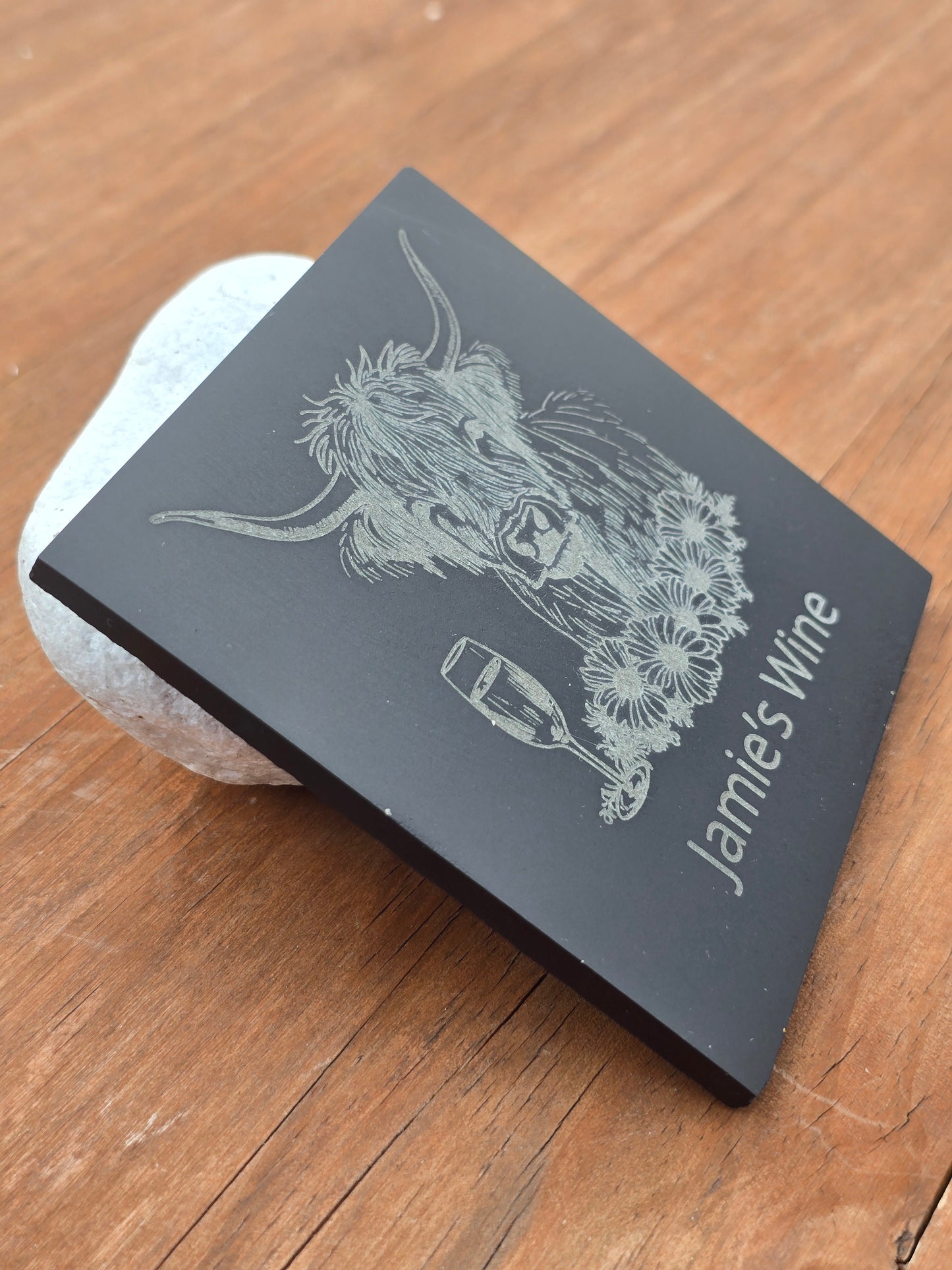 Personalised Highland Cow Slate Coaster - "Your Name's Wine" Text