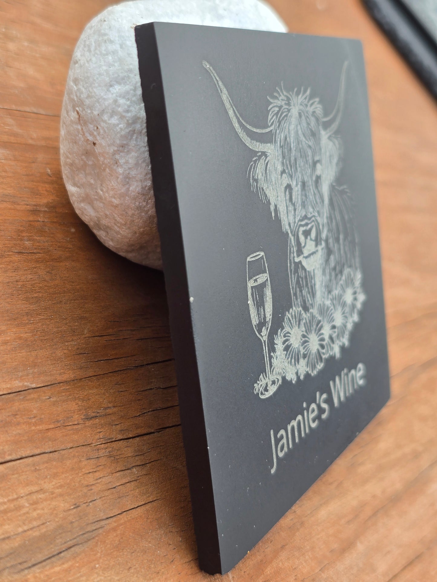 Personalised Highland Cow Slate Coaster - "Your Name's Wine" Text