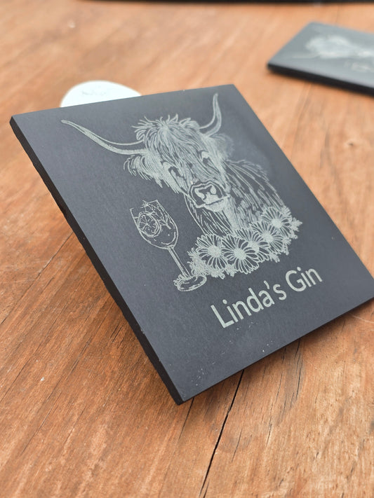 Personalised Highland Cow Gin Slate Coaster with Your Name's Text