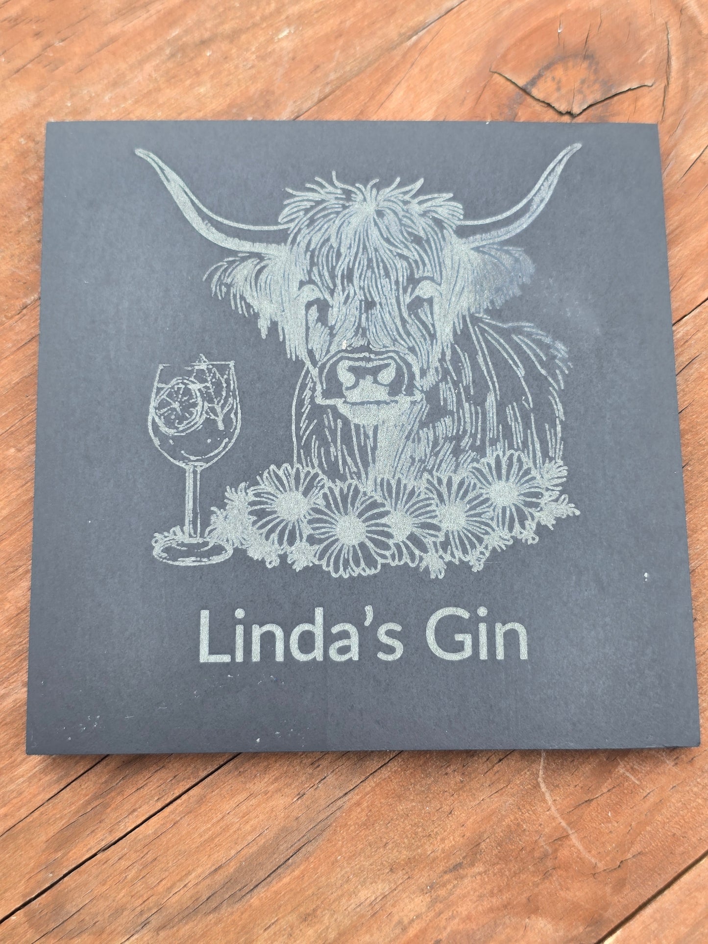Personalised Highland Cow Slate Coaster - "Your Name's Gin" Text