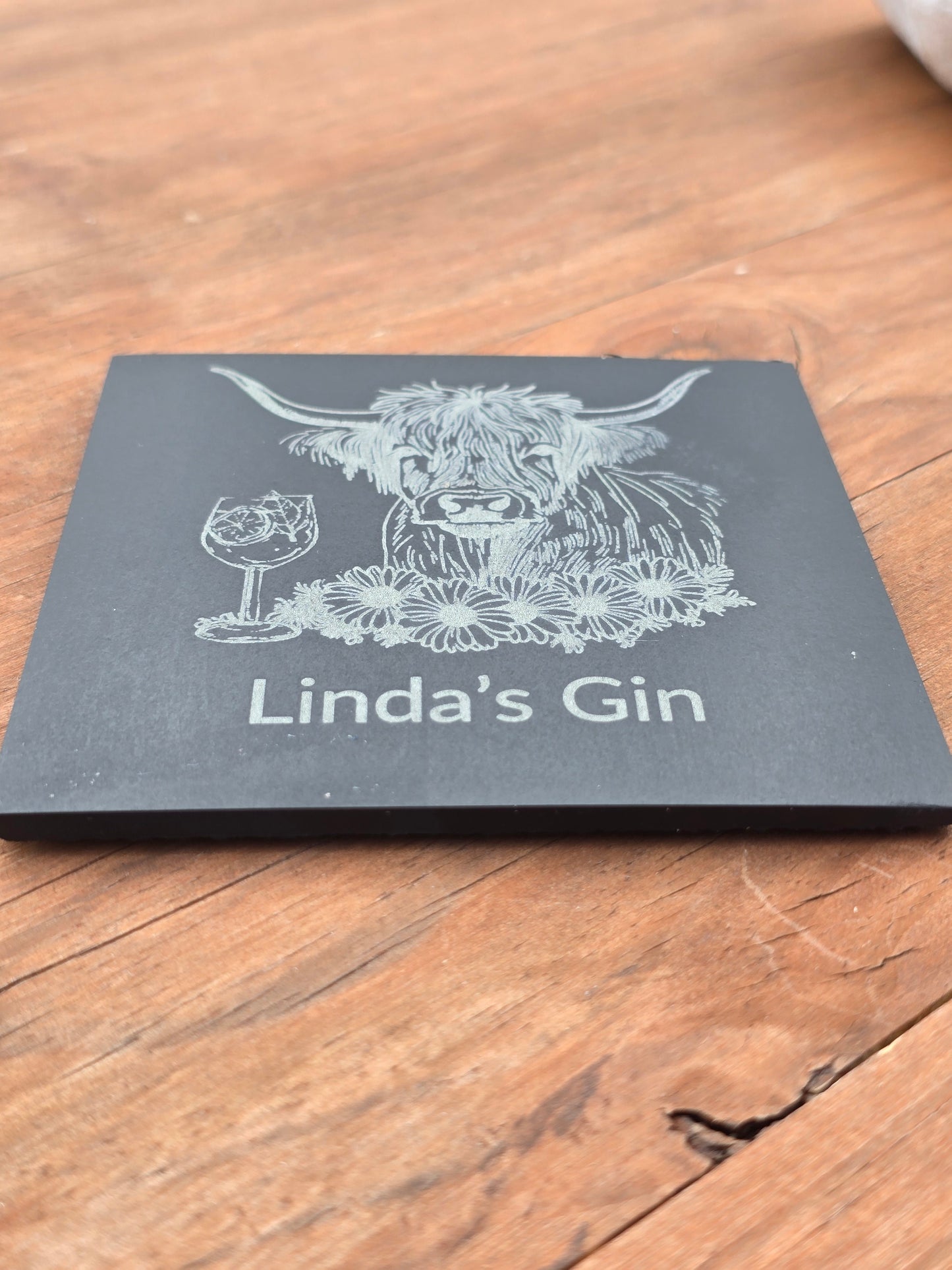 Personalised Highland Cow Slate Coaster - "Your Name's Gin" Text