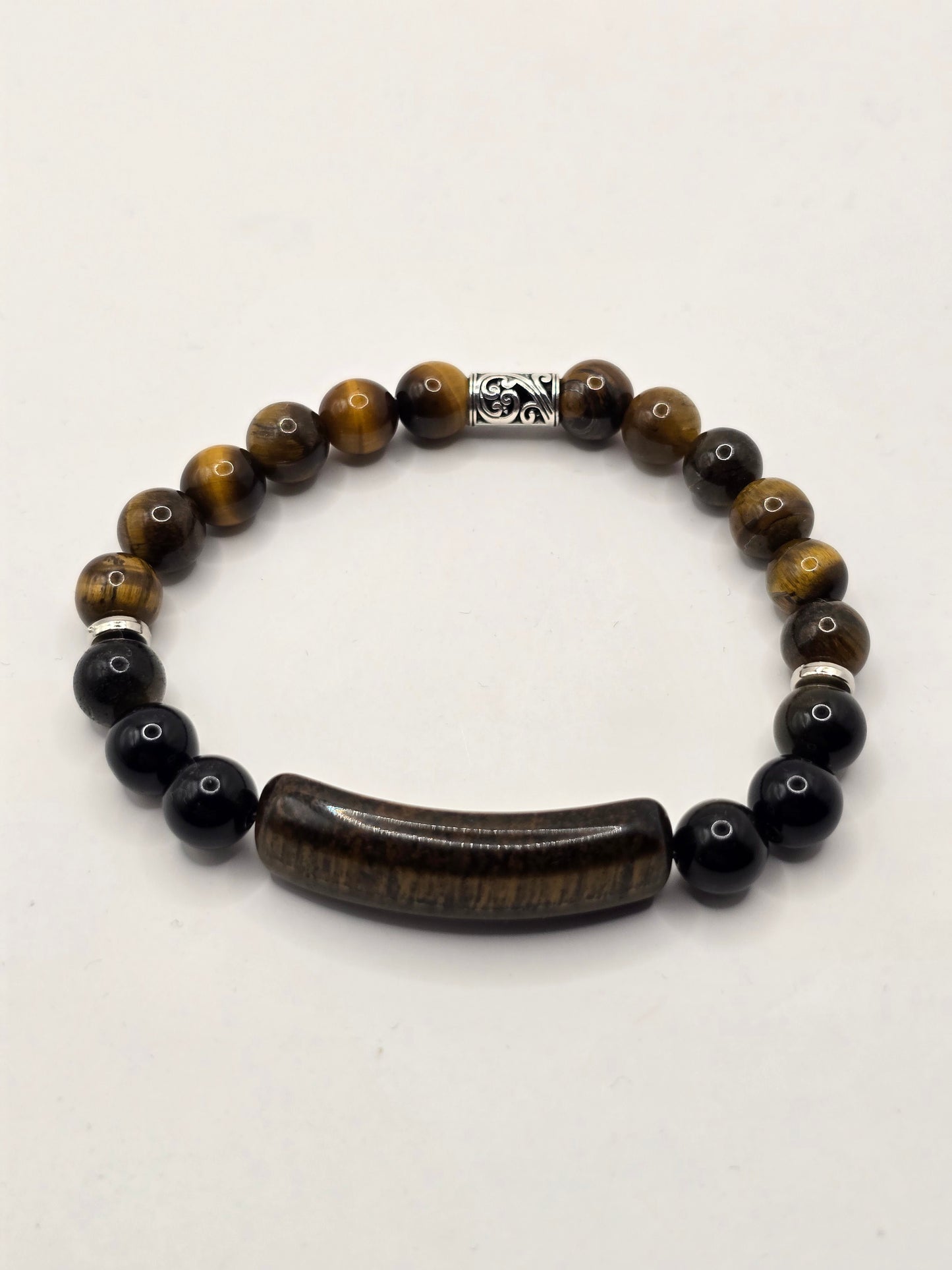 Mens tigers eye bar bead bracelet - Elasticated stone beaded bracelet