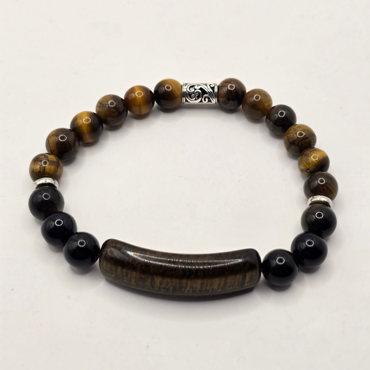 Tigers Eye Beaded bracelet with black and brown beads on a white background