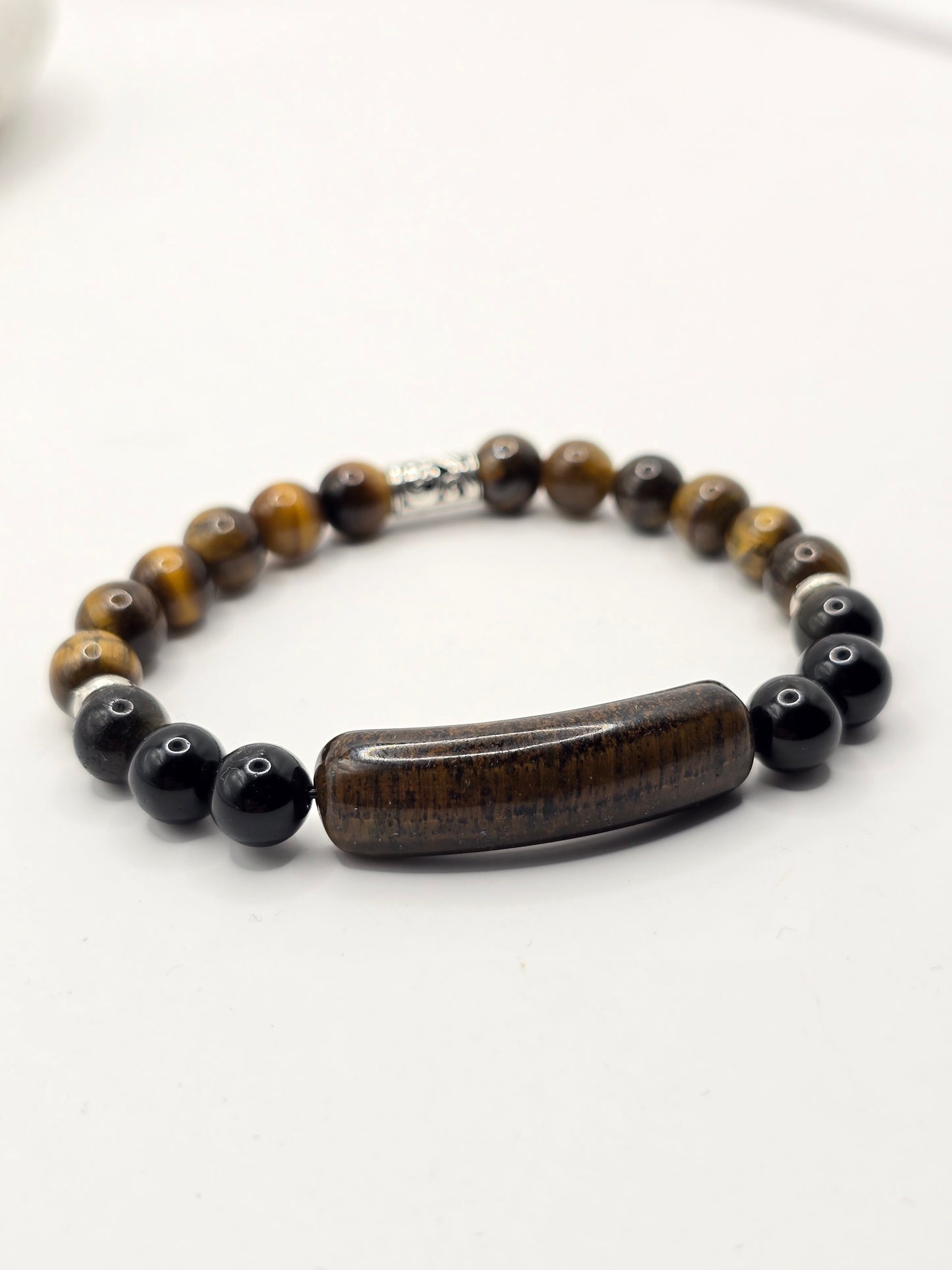 Mens tigers eye bar bead bracelet - Elasticated stone beaded bracelet