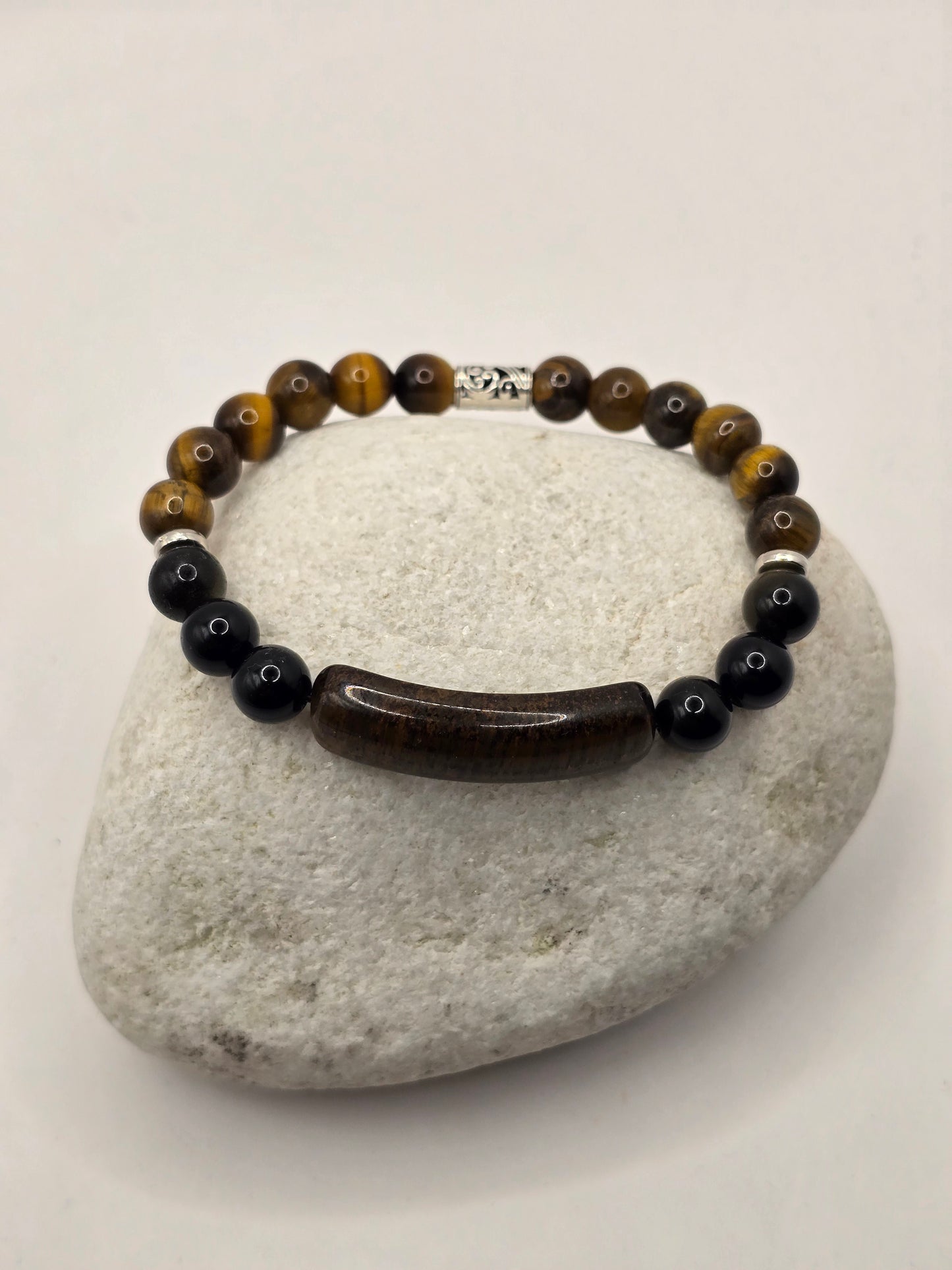 Mens tigers eye bar bead bracelet - Elasticated stone beaded bracelet