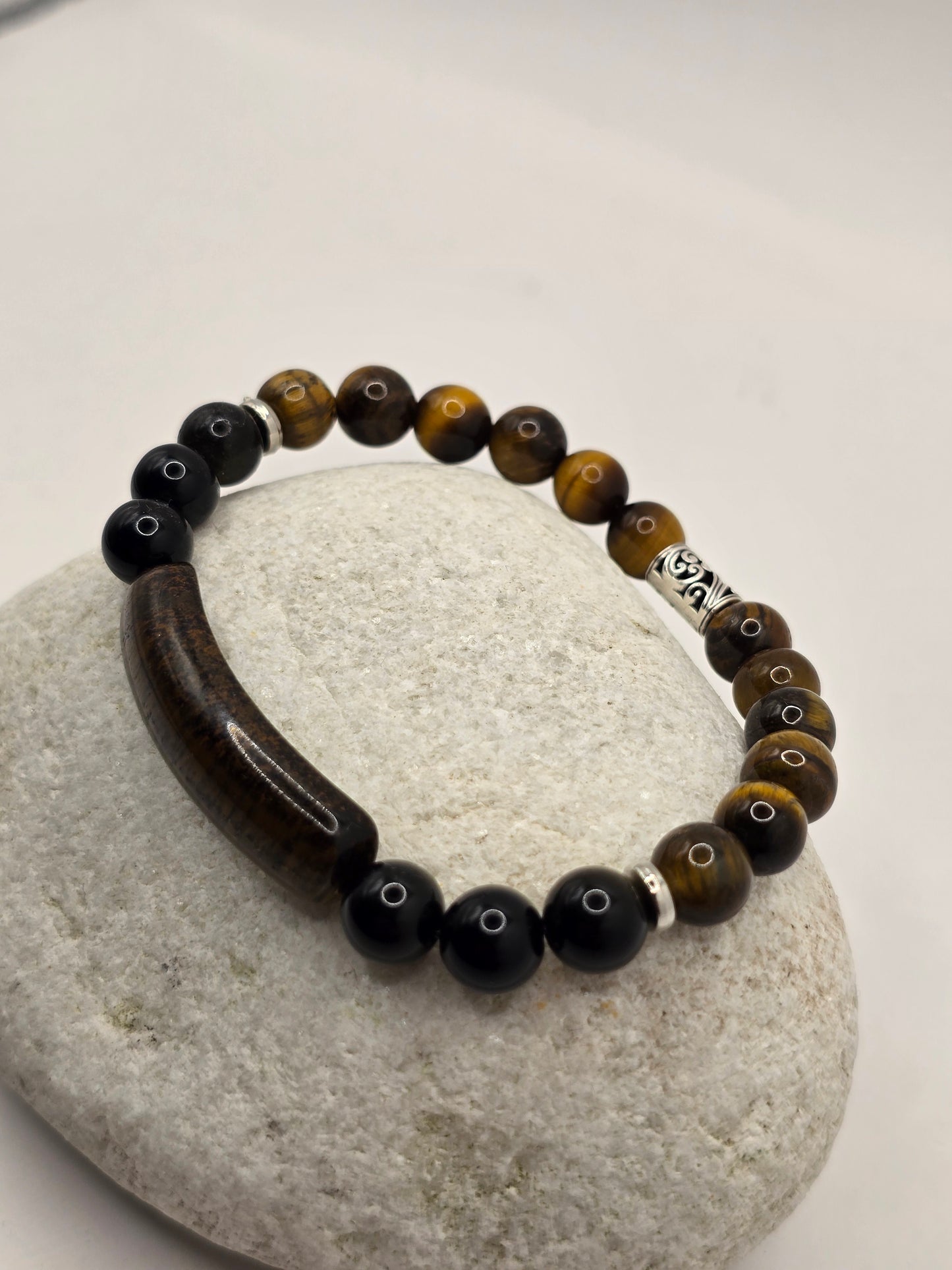 Mens tigers eye bar bead bracelet - Elasticated stone beaded bracelet