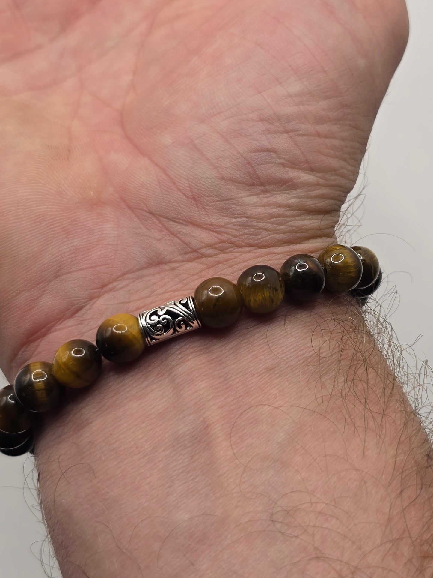 Mens tigers eye bar bead bracelet - Elasticated stone beaded bracelet