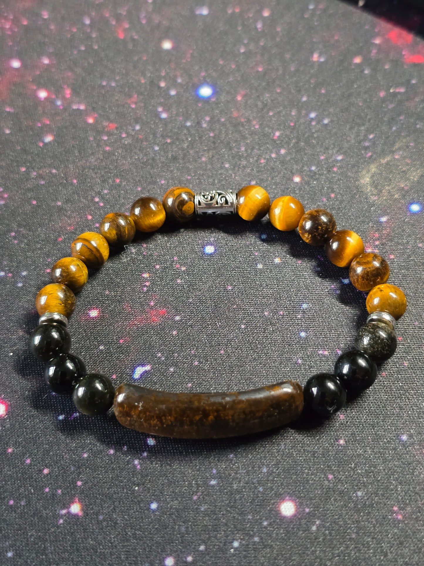 Mens tigers eye bar bead bracelet - Elasticated stone beaded bracelet