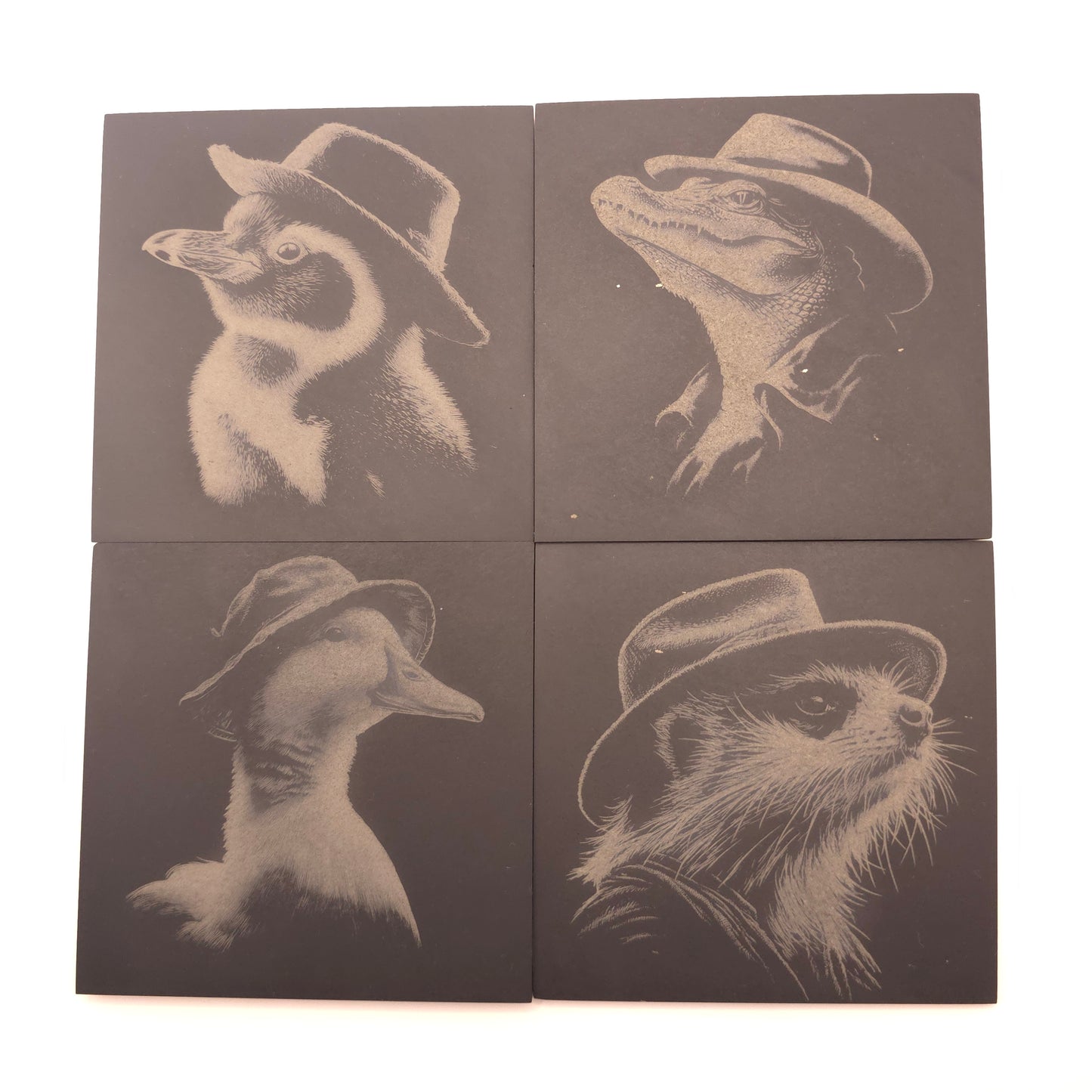 Animals in Hats - 4 pack slate coaster set of cute critters in fedora hats