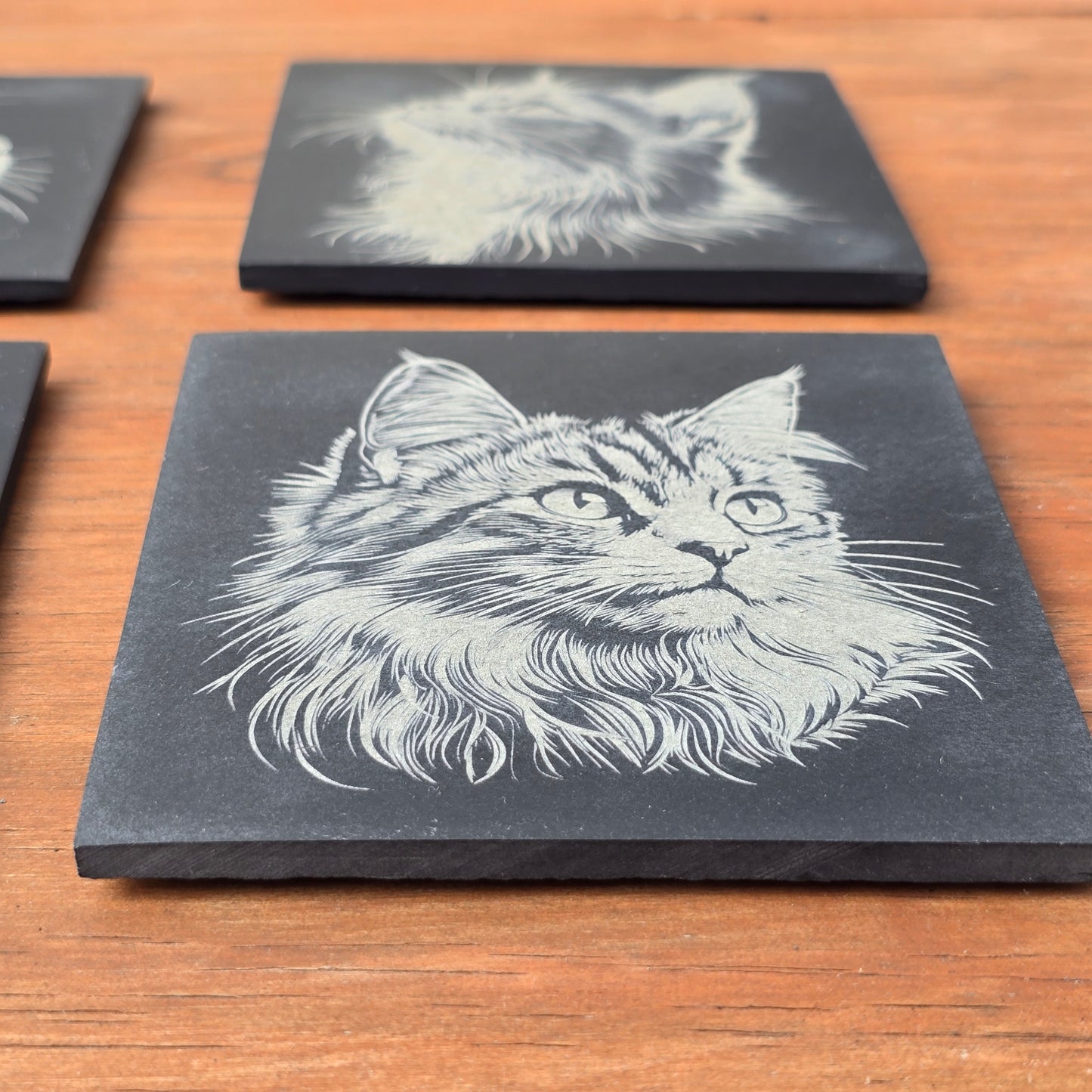 Cat Slate Coaster Set - 4 pack of etched cat design 10cm drinks mats