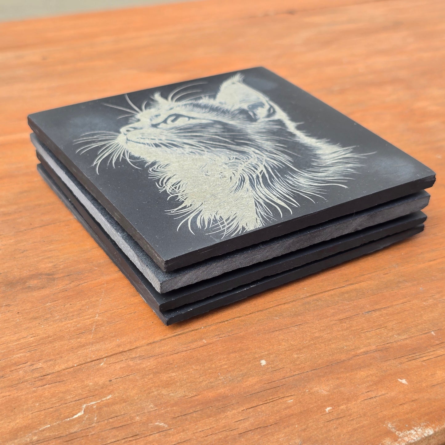 Cat Slate Coaster Set - 4 pack of etched cat design 10cm drinks mats