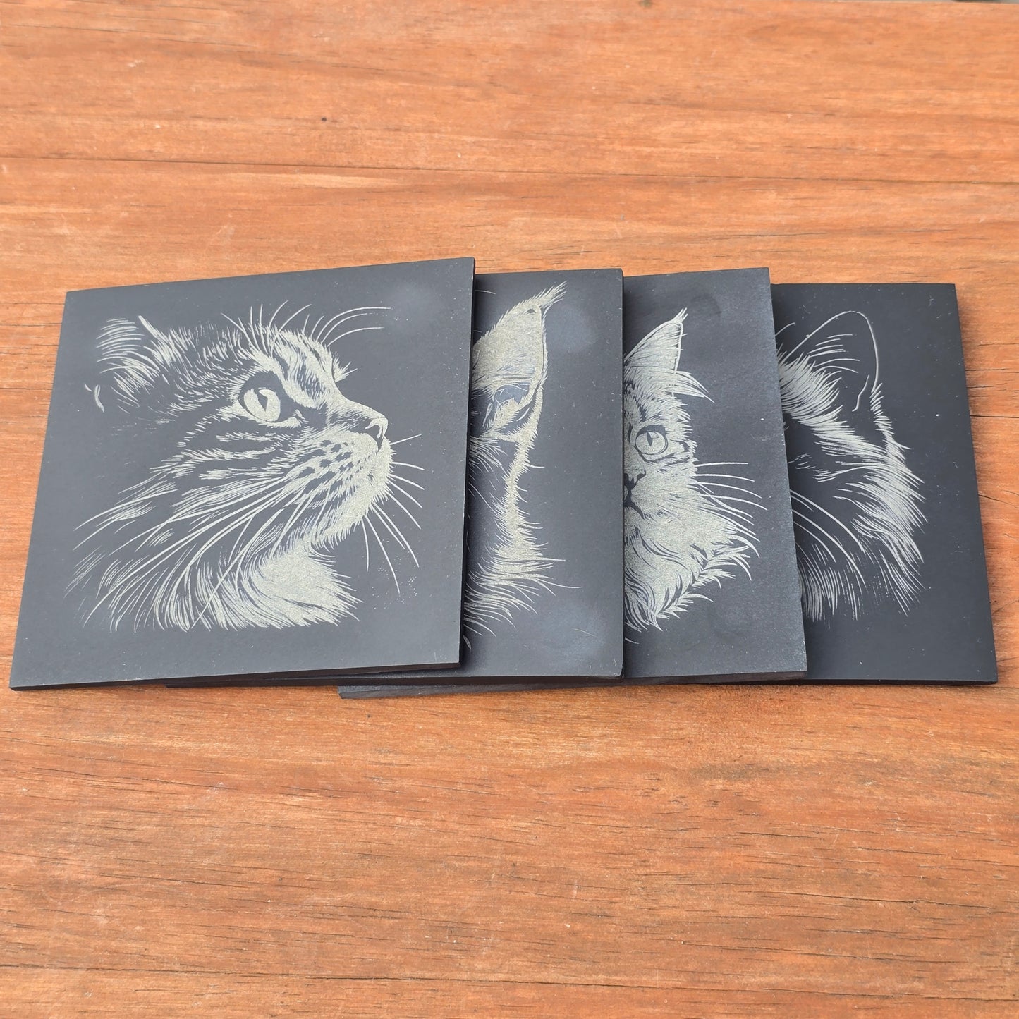 Cat Slate Coaster Set - 4 pack of etched cat design 10cm drinks mats