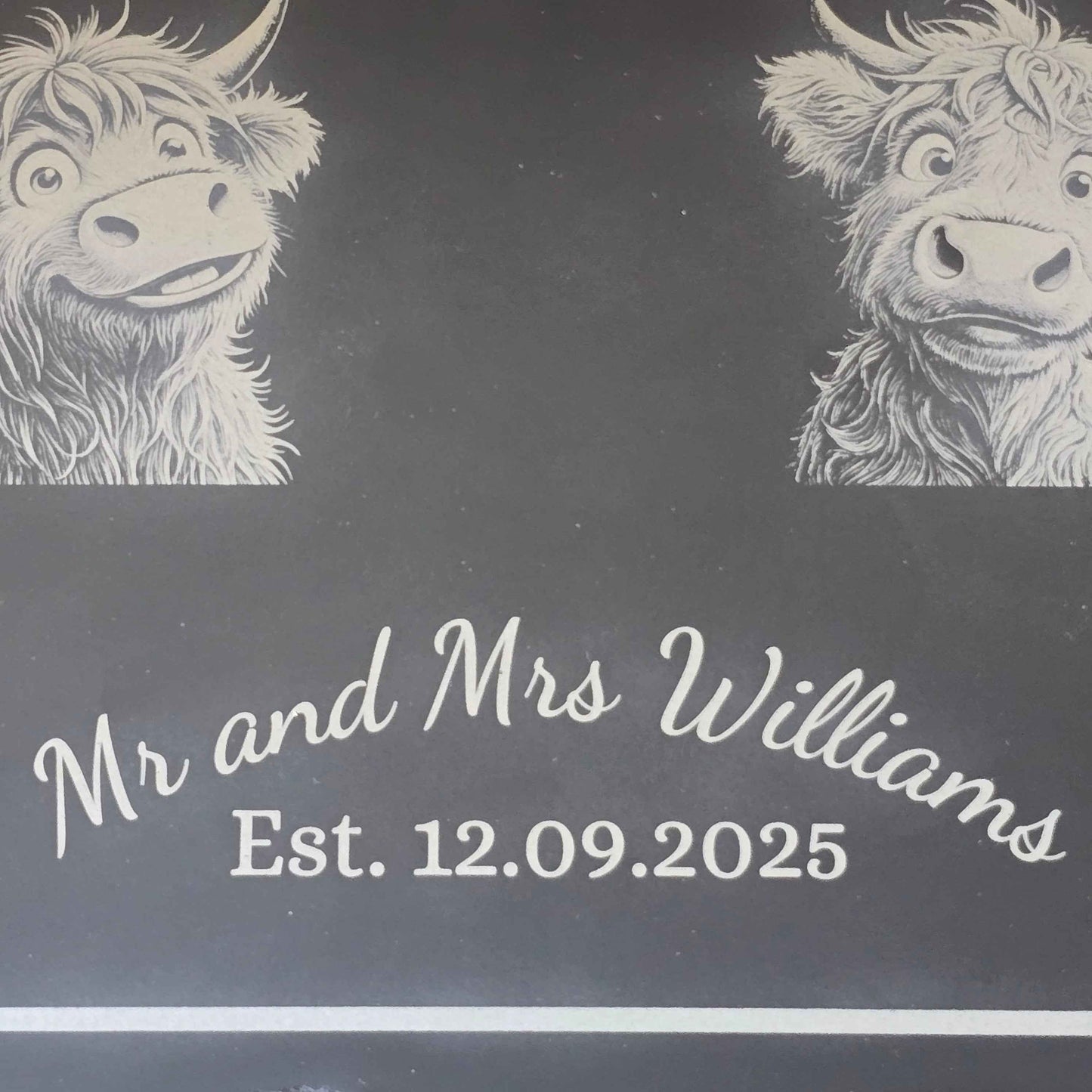 Design with Highland cow illustrations and text 'Mr and Mrs Williams Est. 12.09.2025' on a dark background