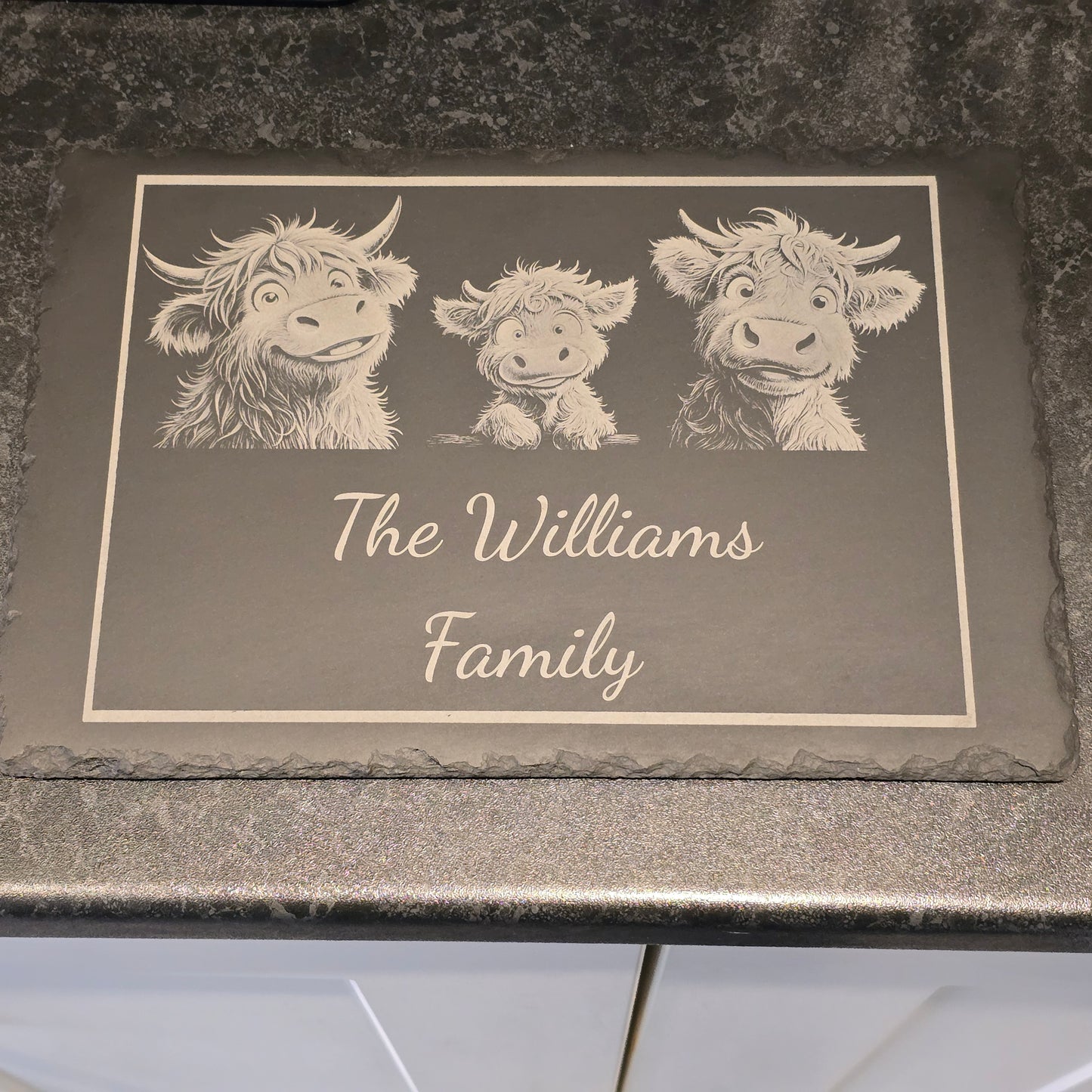 Customised Highland Cow Family Cheese Slate / Serving Board