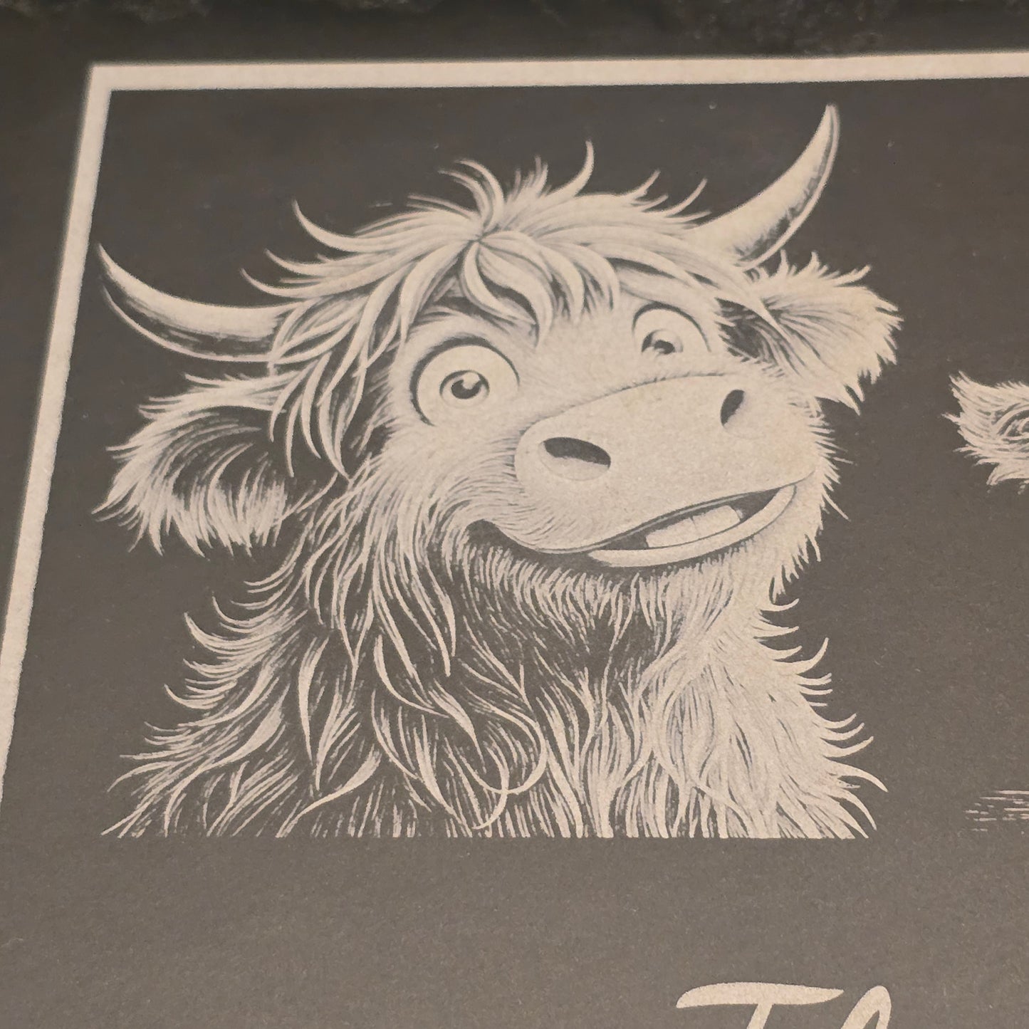 Illustration of a cute highland cow on a slate