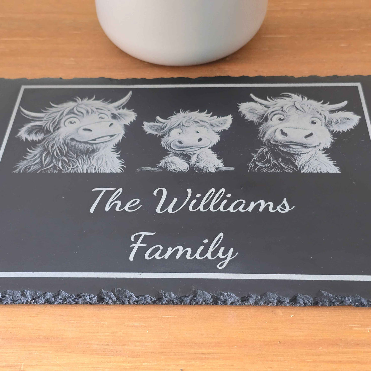 Highland Cow Slate Bundle - Personalised Family Slate Plus 4 Slate Coasters