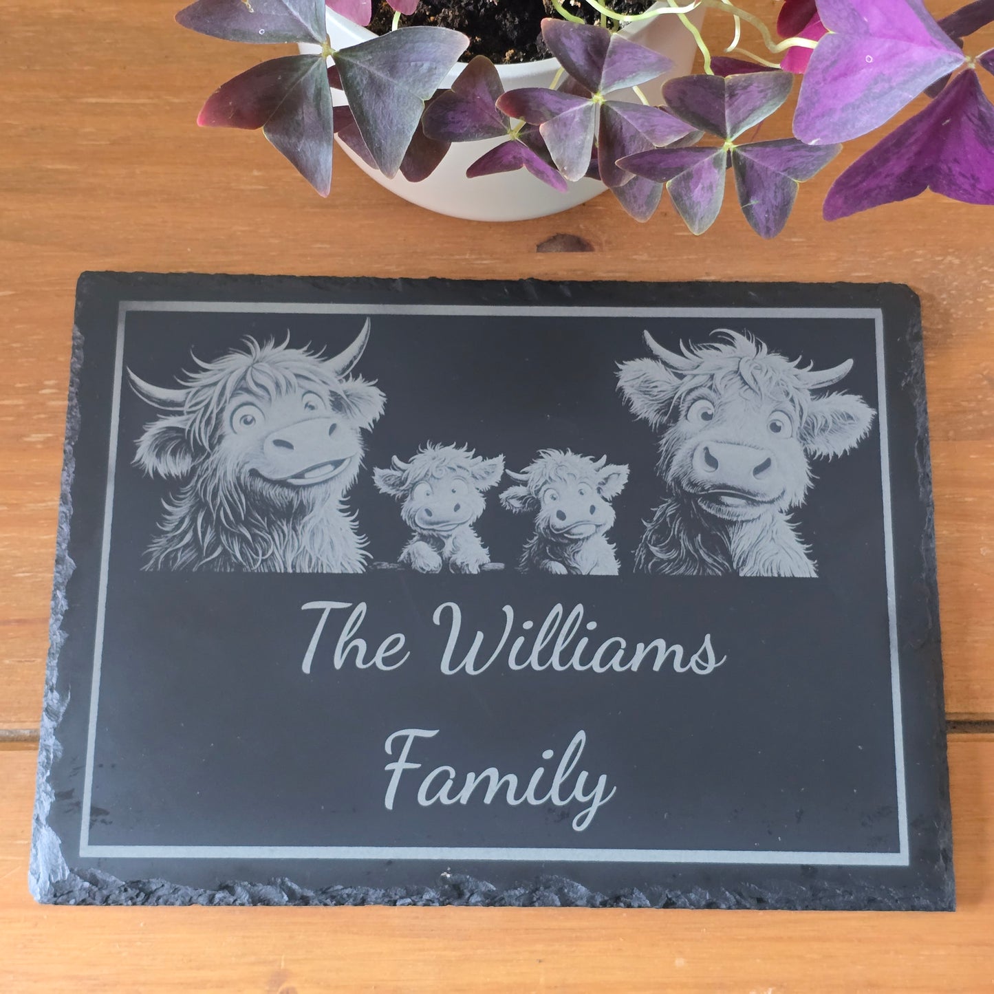 Slate with engraved family of cows and 'The Williams Family' text on a wooden surface with a plant.