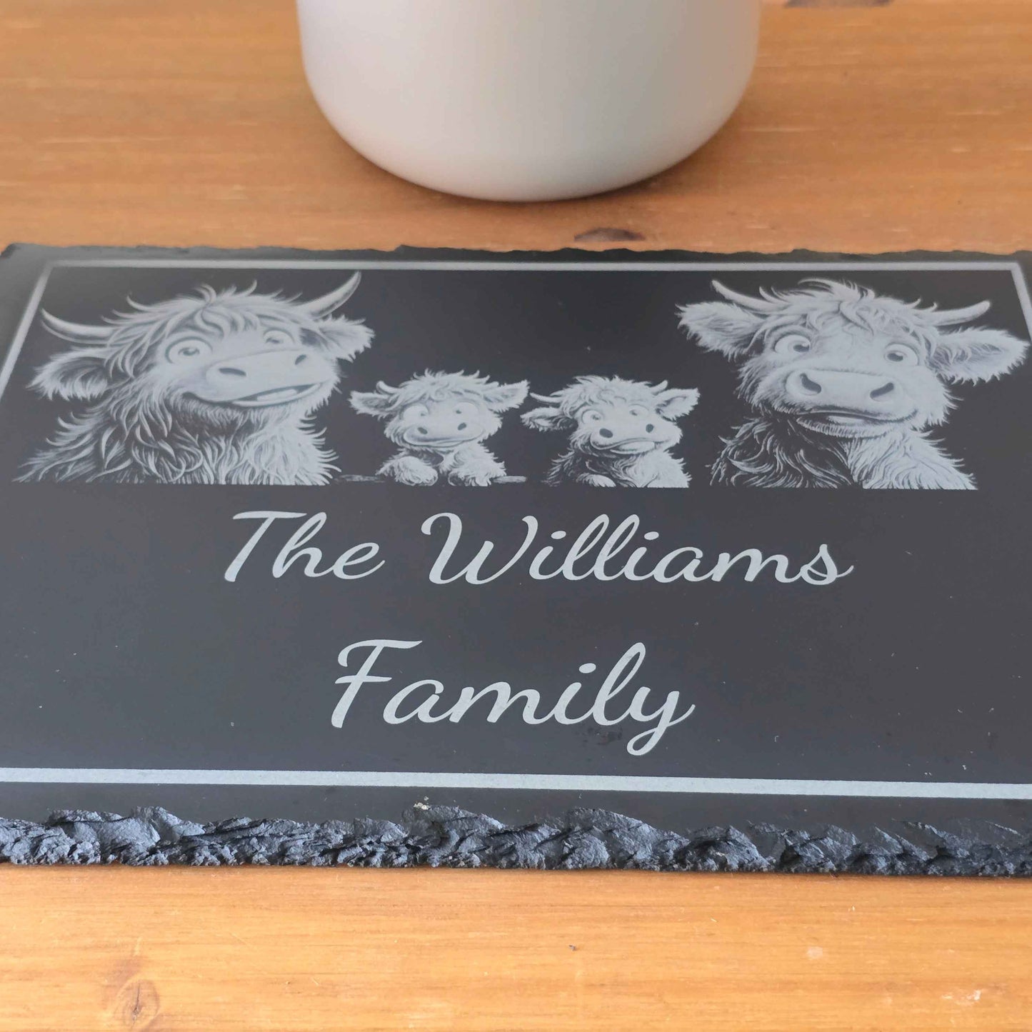Highland Cow Slate Bundle - Personalised Family Slate Plus 4 Slate Coasters