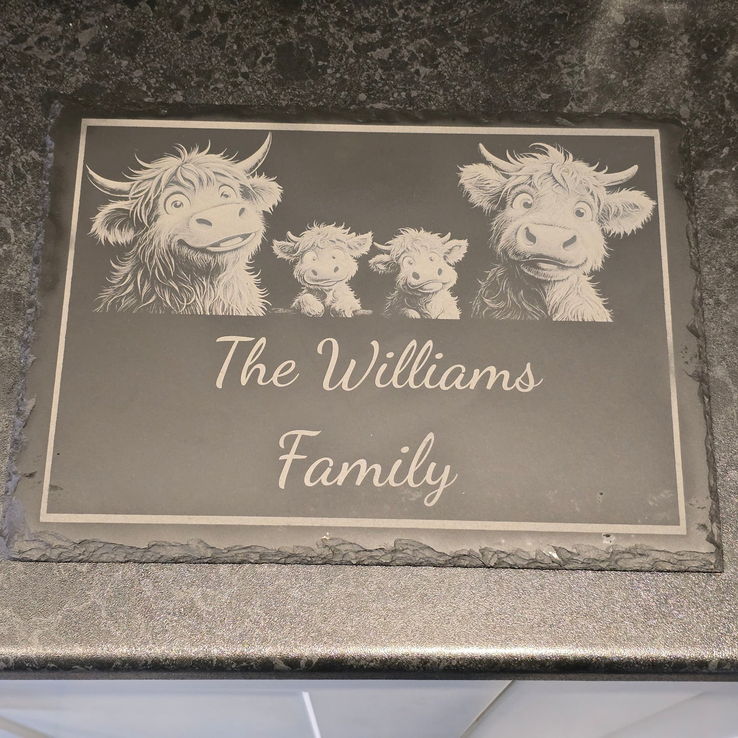 Customised Highland Cow Family Cheese Slate / Serving Board