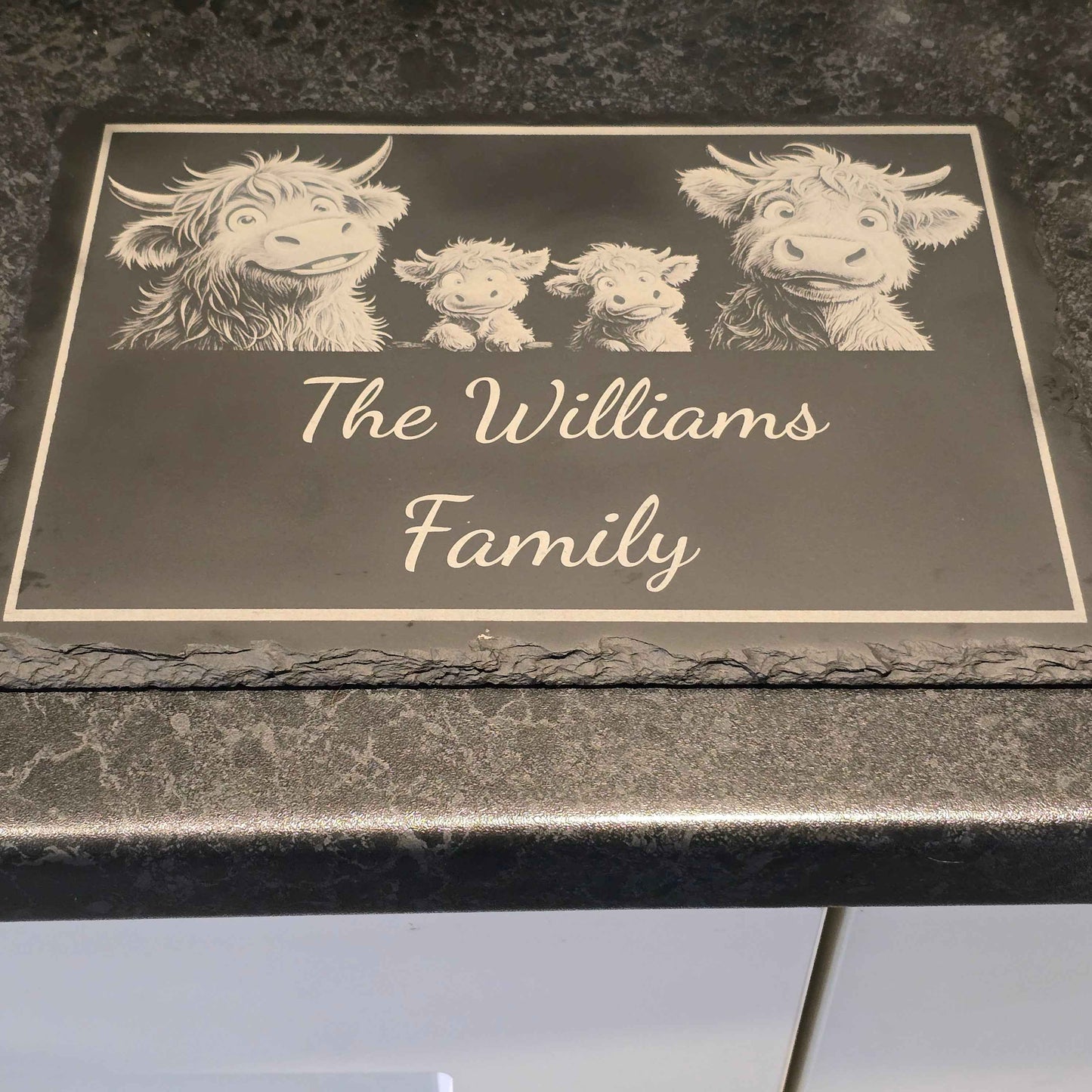 Highland Cow Slate Bundle - Personalised Family Slate Plus 4 Slate Coasters