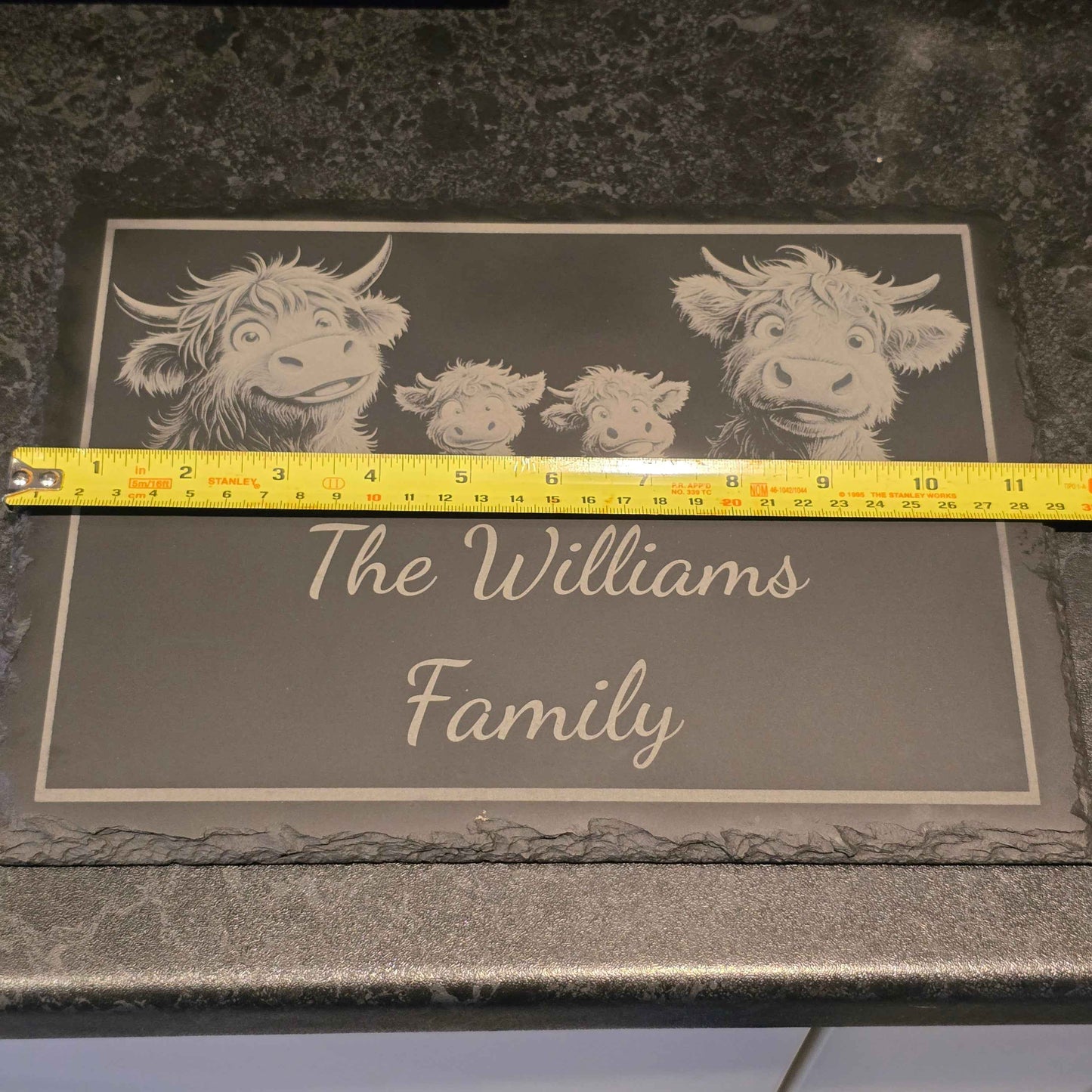 Highland Cow Slate Bundle - Personalised Family Slate Plus 4 Slate Coasters