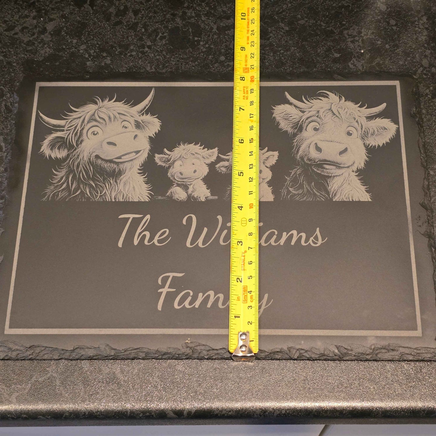 Highland Cow Slate Bundle - Personalised Family Slate Plus 4 Slate Coasters