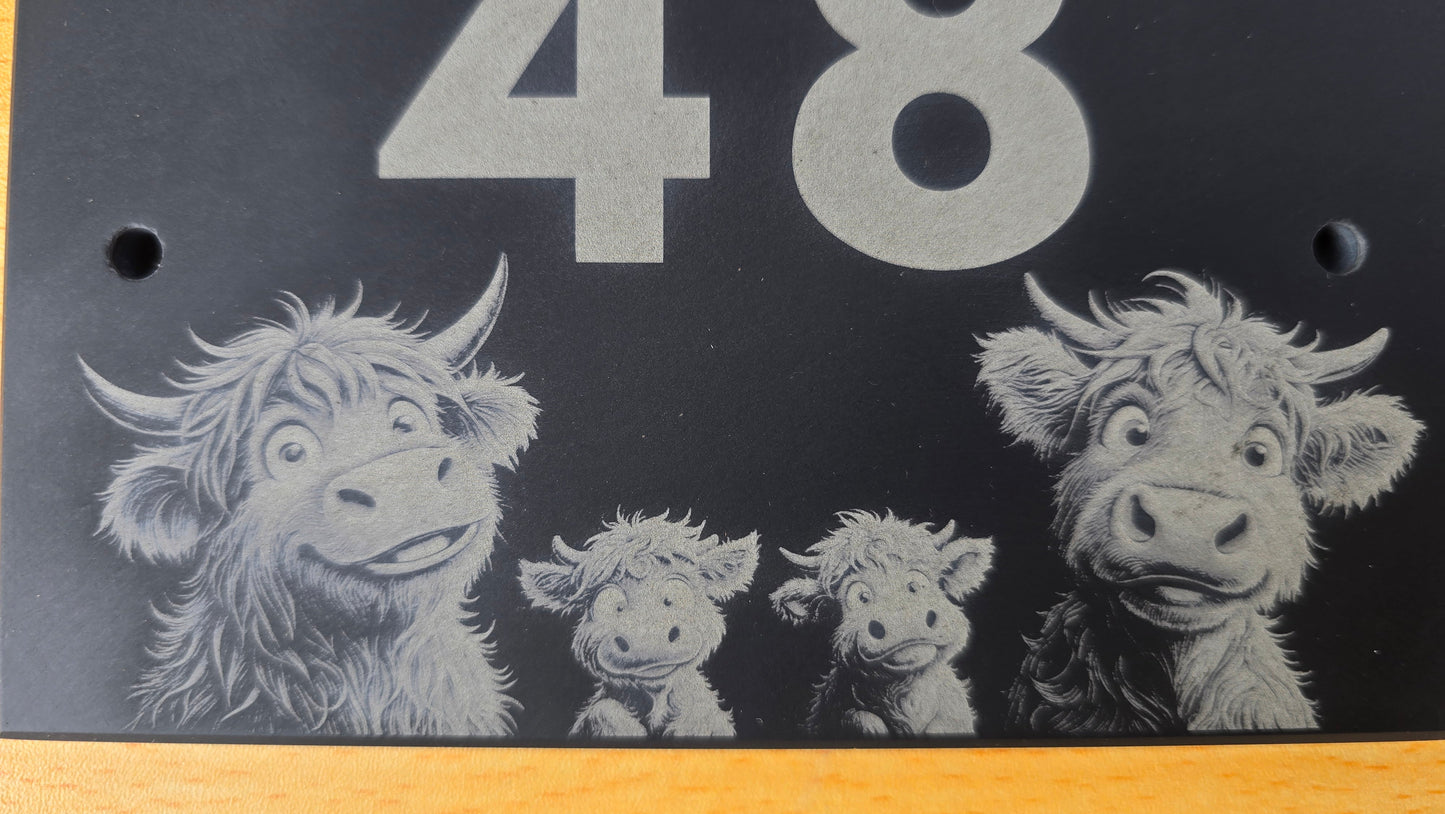 Highland Cow Family Slate House Sign with House Number