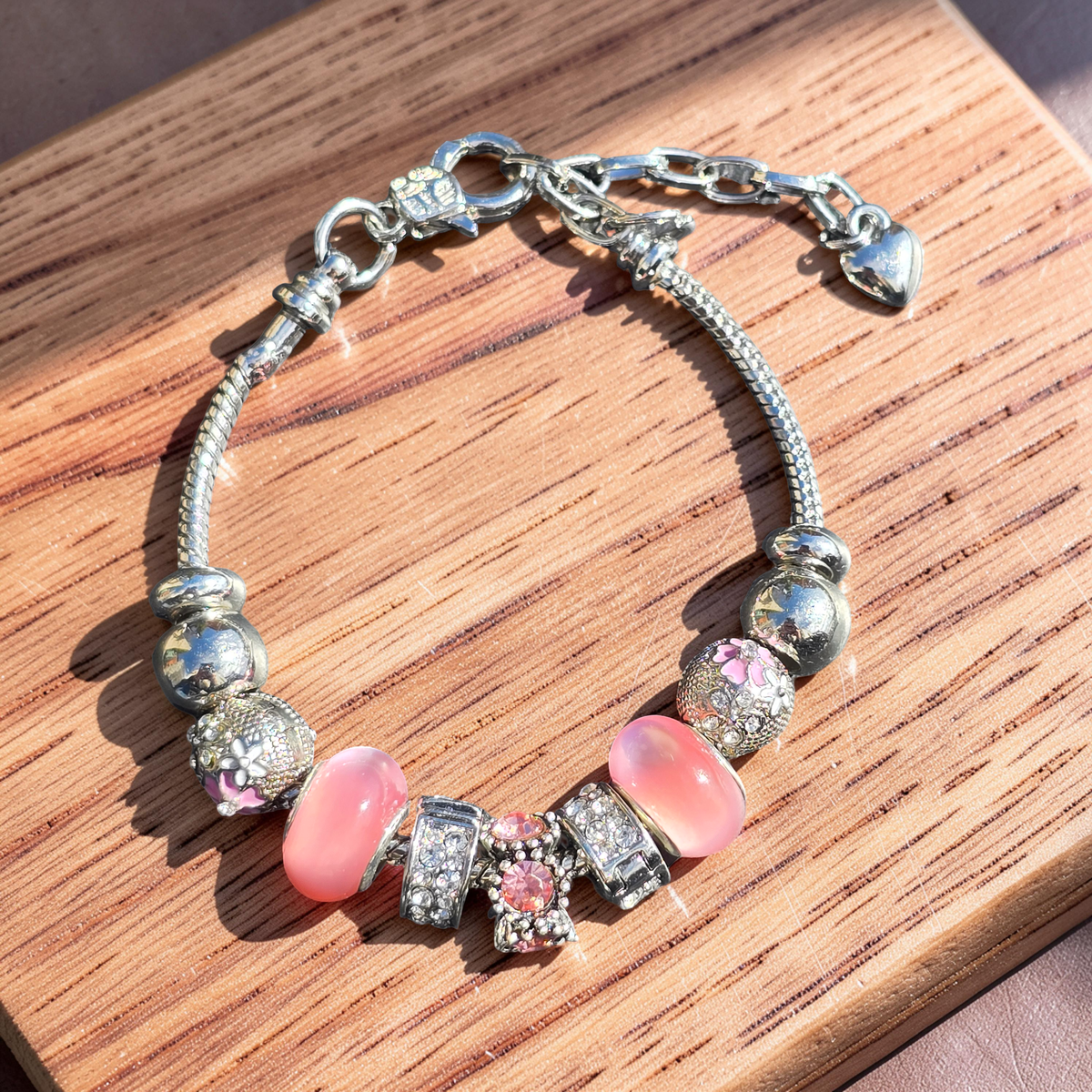 Pink Floral Charm Bracelet - Stainless steel snake chain band