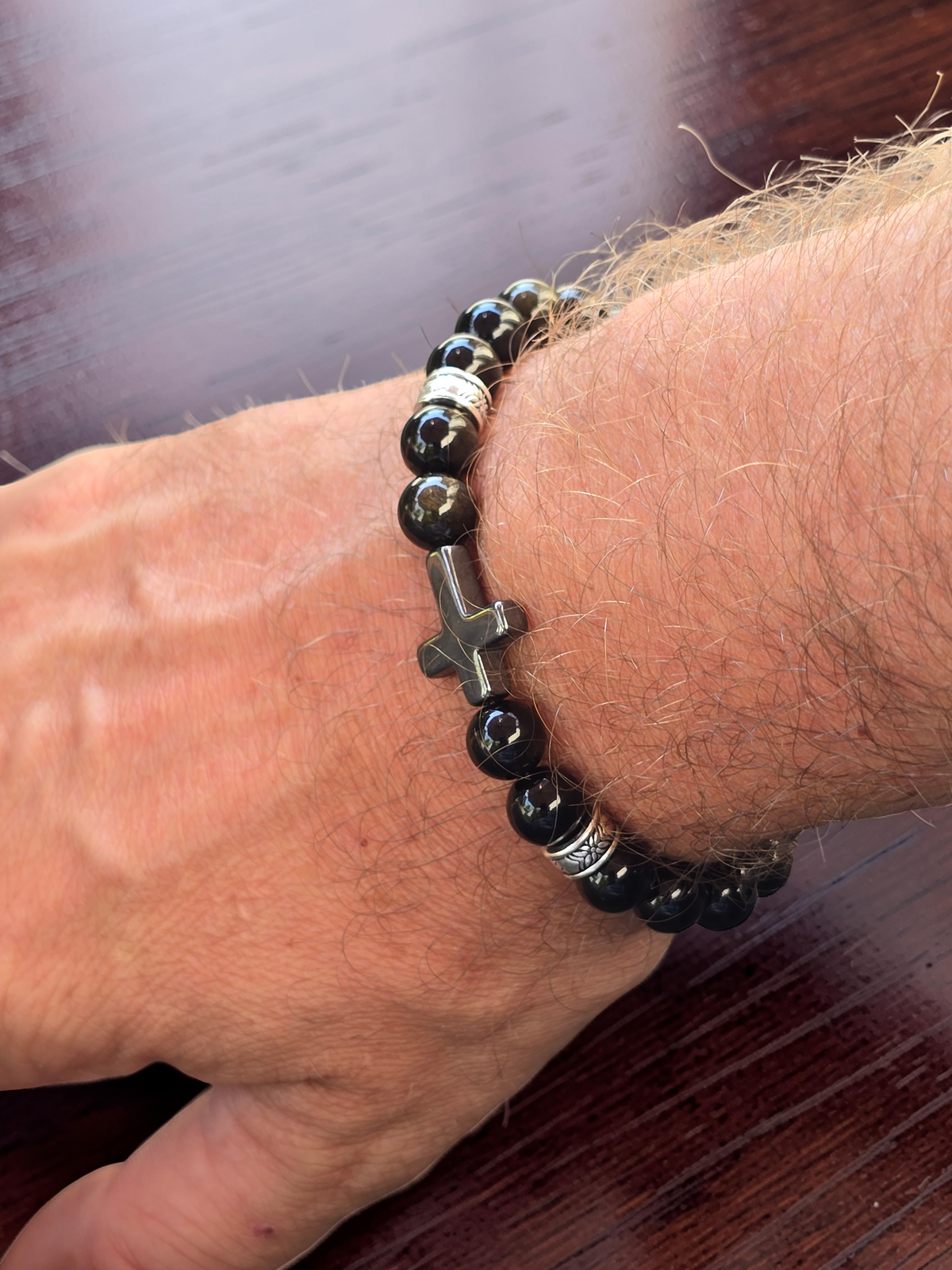 Men’s Polished Black Stone Cross Bracelet & Necklace Set