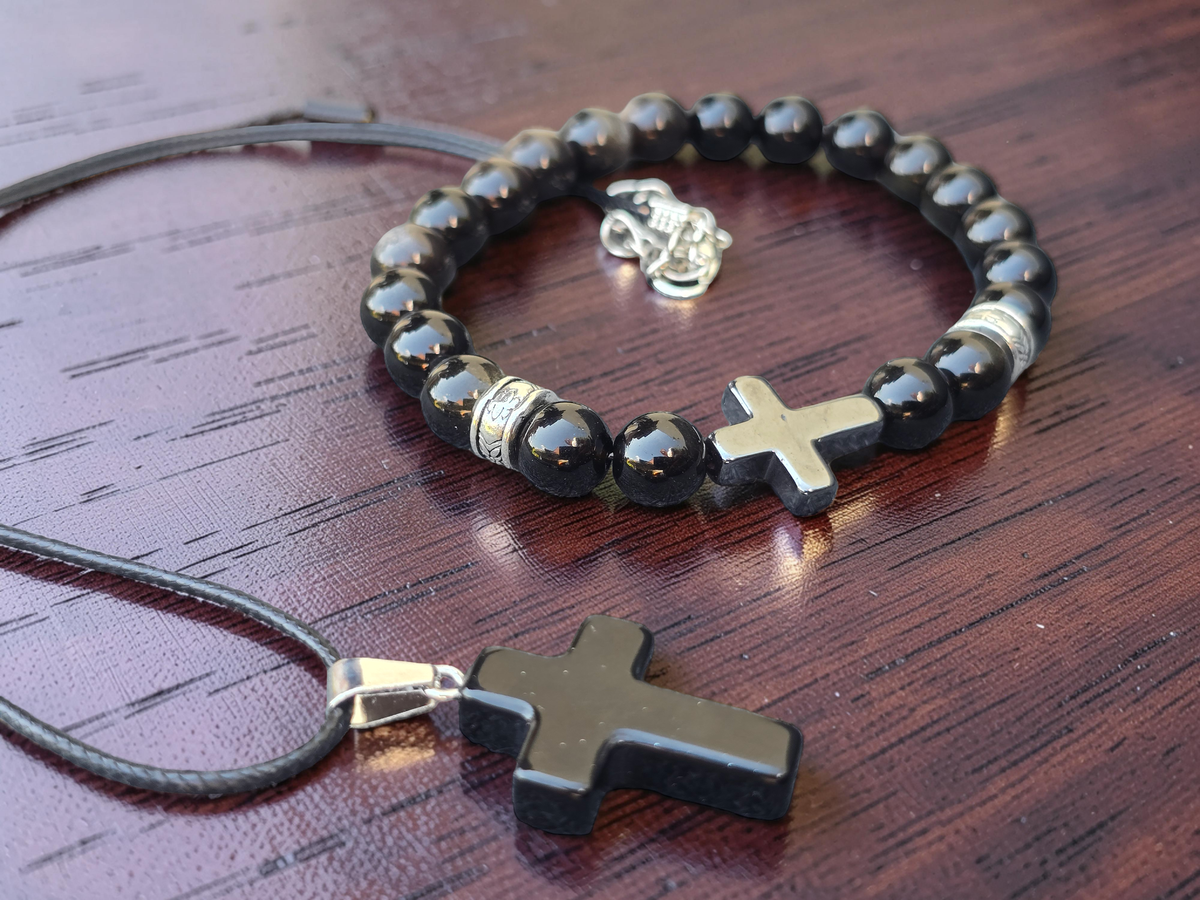 Men’s Polished Black Stone Cross Bracelet & Necklace Set
