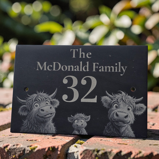 Personalised Highland Cow Family Name Slate House Sign