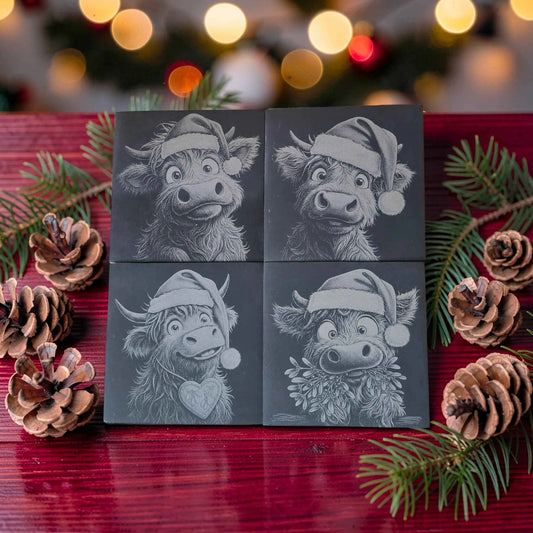 Christmas Highland Cow Slate Coasters Set of 4