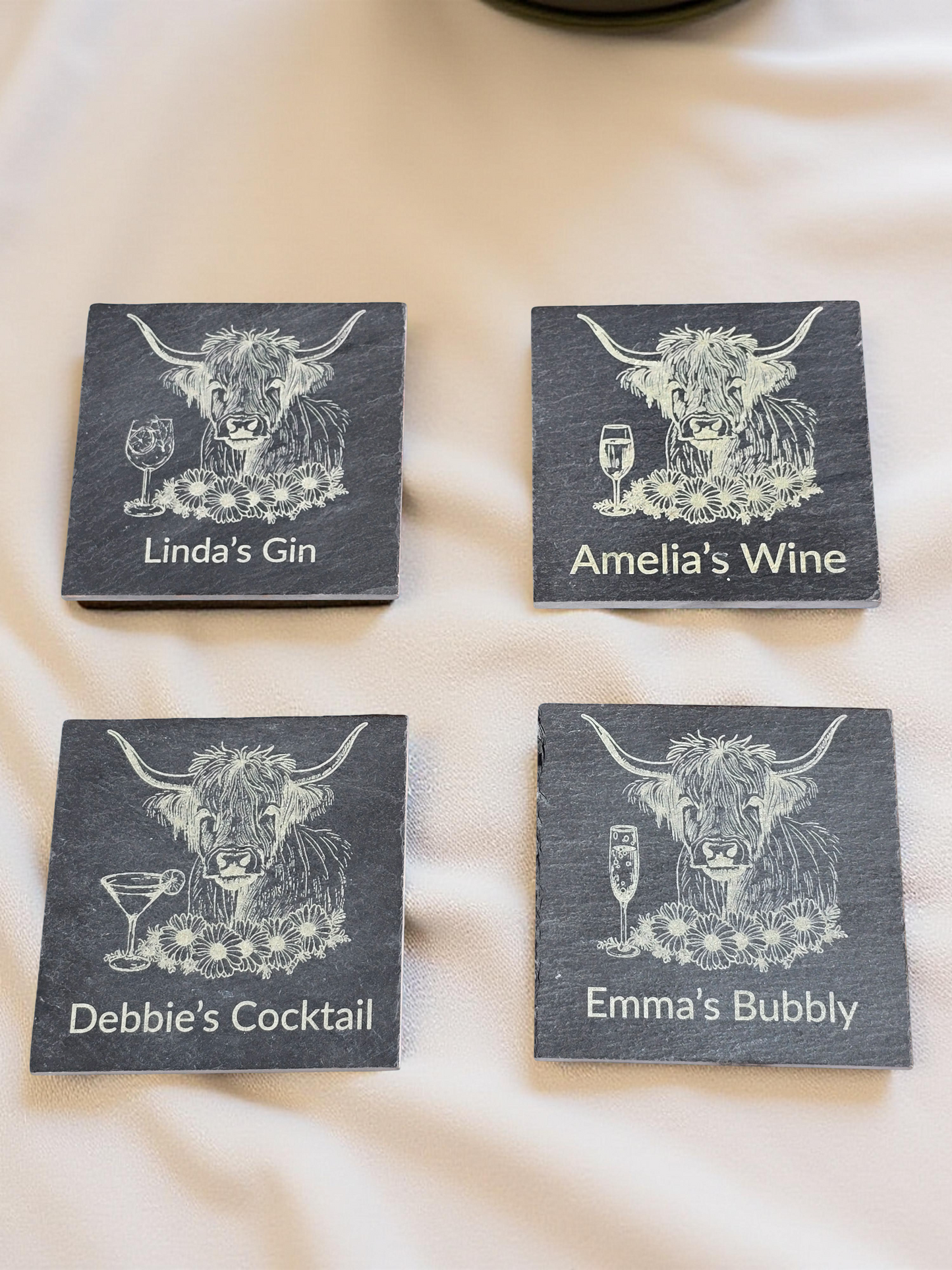 Personalised Highland Cow Slate Coaster - "Your Name's Gin" Text