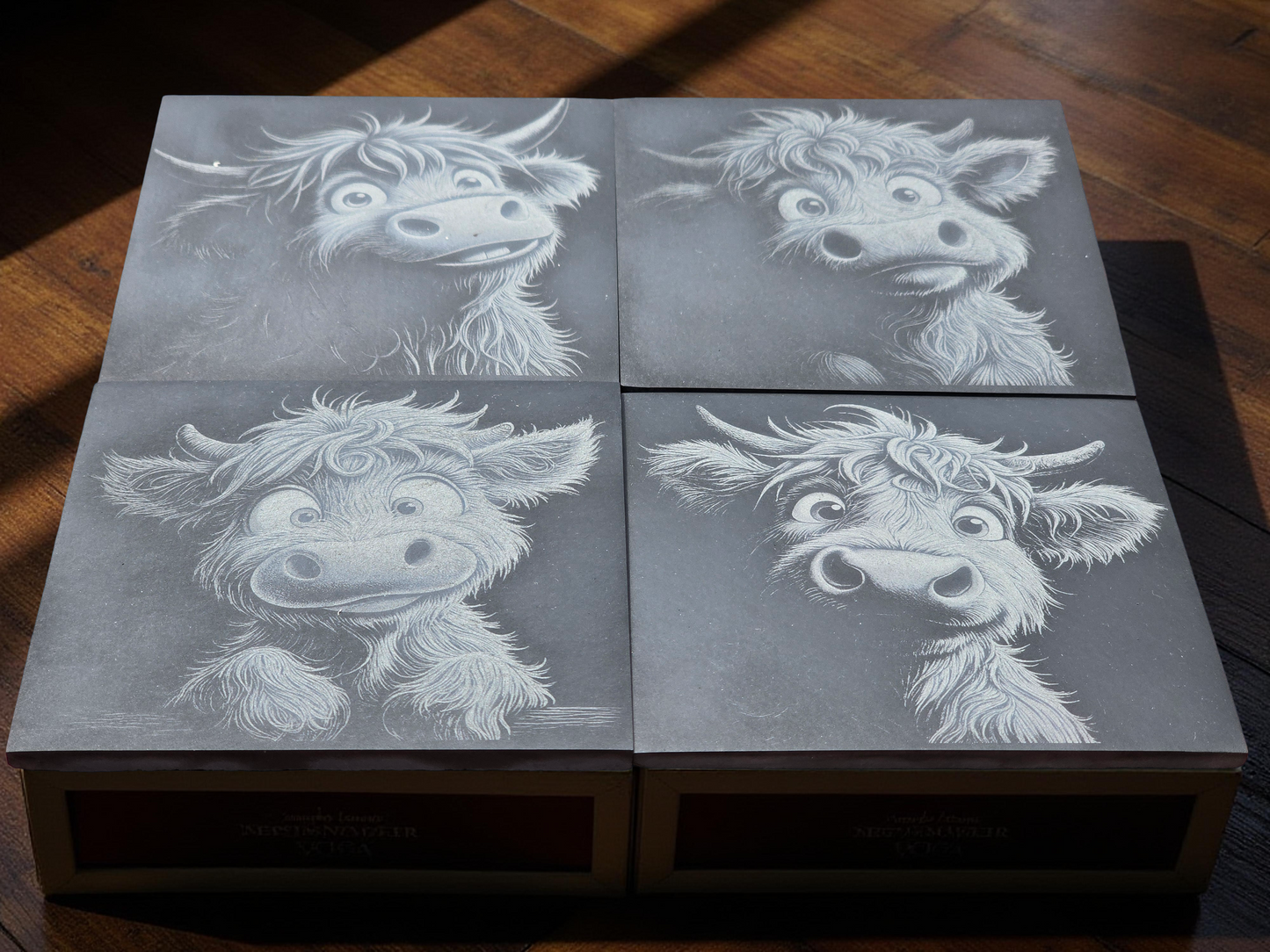 Four slate coasters with engraved highland cow designs on a wooden surface