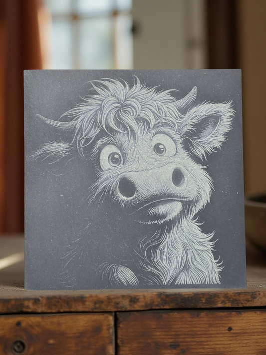 Highland Cow Slate Bundle - Personalised Family Slate Plus 4 Slate Coasters