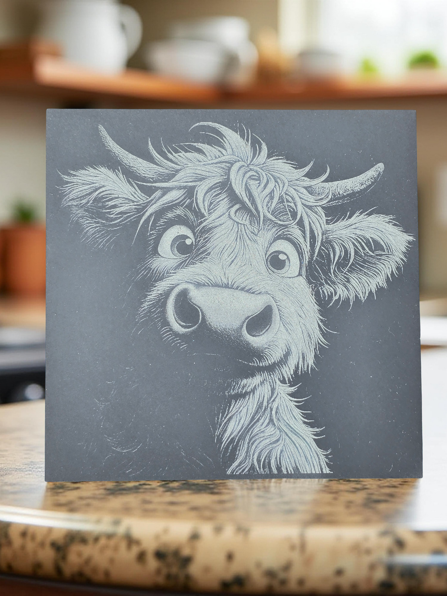 baby highland cow engraved slate coaster