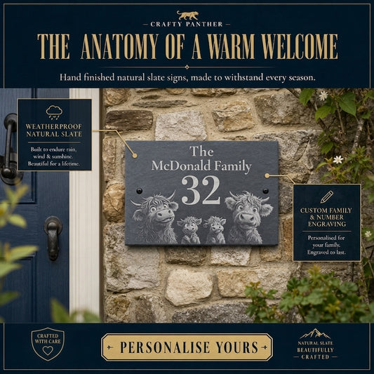 Personalized slate house numbers mounted on a stone wall next to a blue door, with promotional text and inset product details for Crafty Panther.