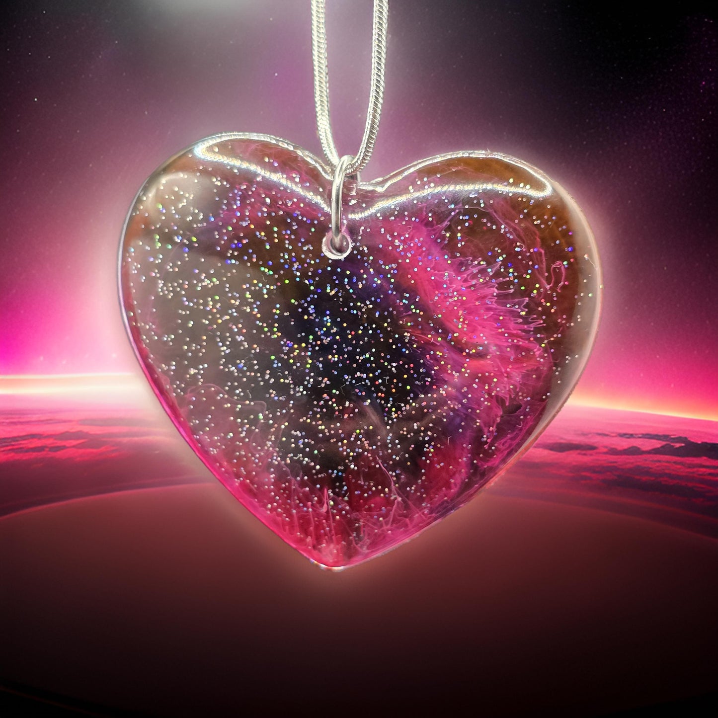Cosmic Heart Shaped Resin Necklace - Stary effect heart pendant with 45cm snake chain